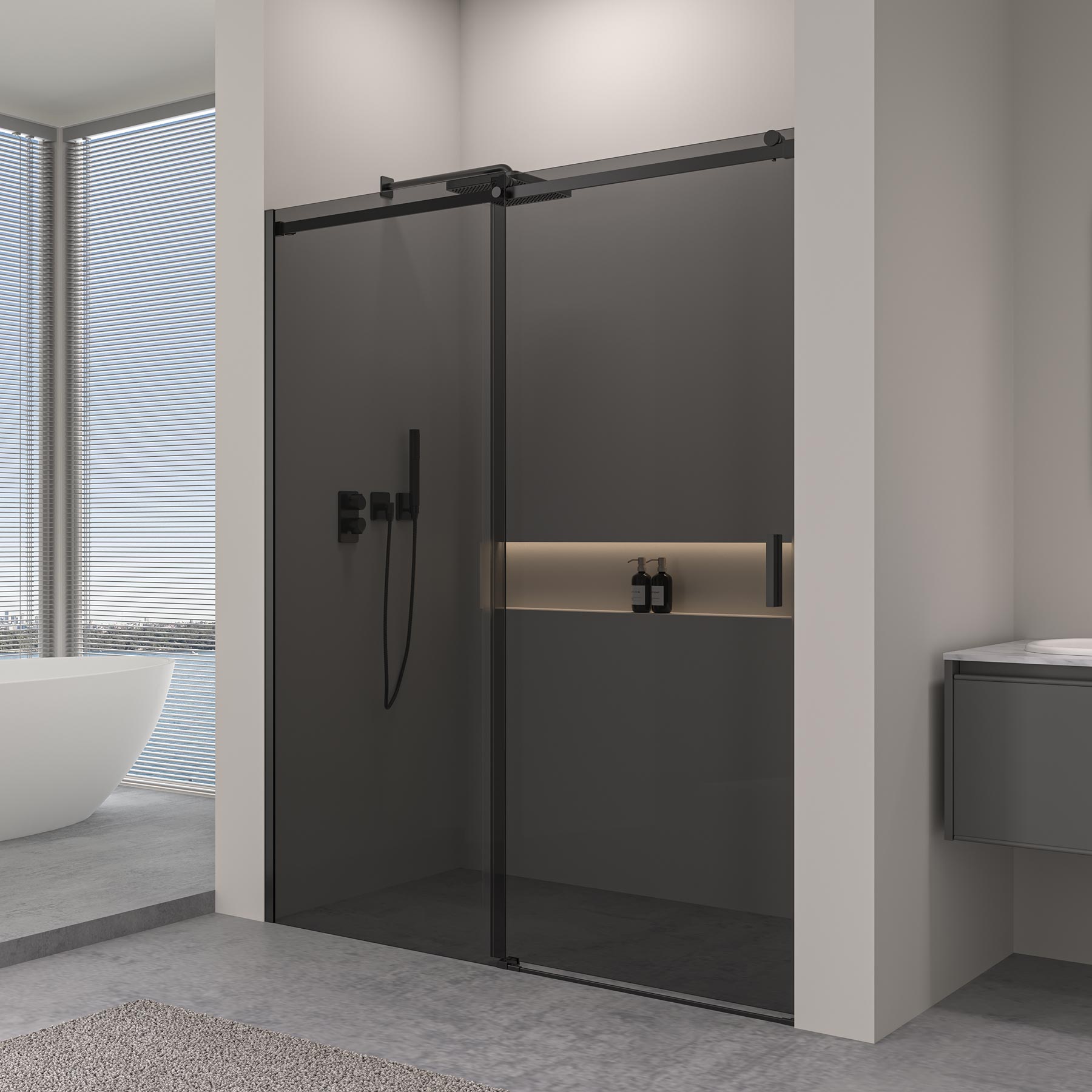 Nischendusche mit Schiebetür – 8 mm graues Sicherheitsglas / Schwarz Matt