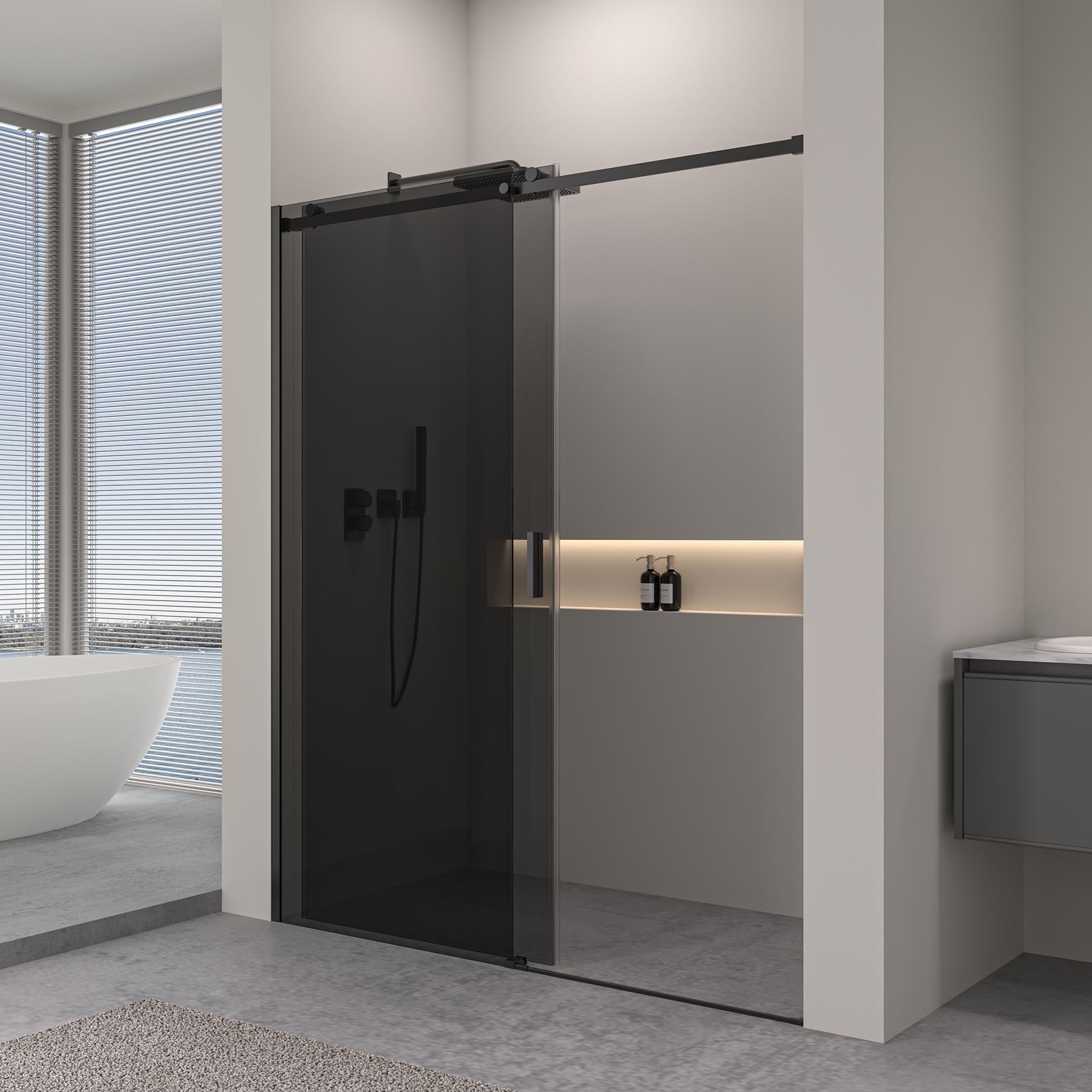 Sprchový kút s posuvnými dverami – 8 mm šedé bezpečnostné sklo / Matná čierna