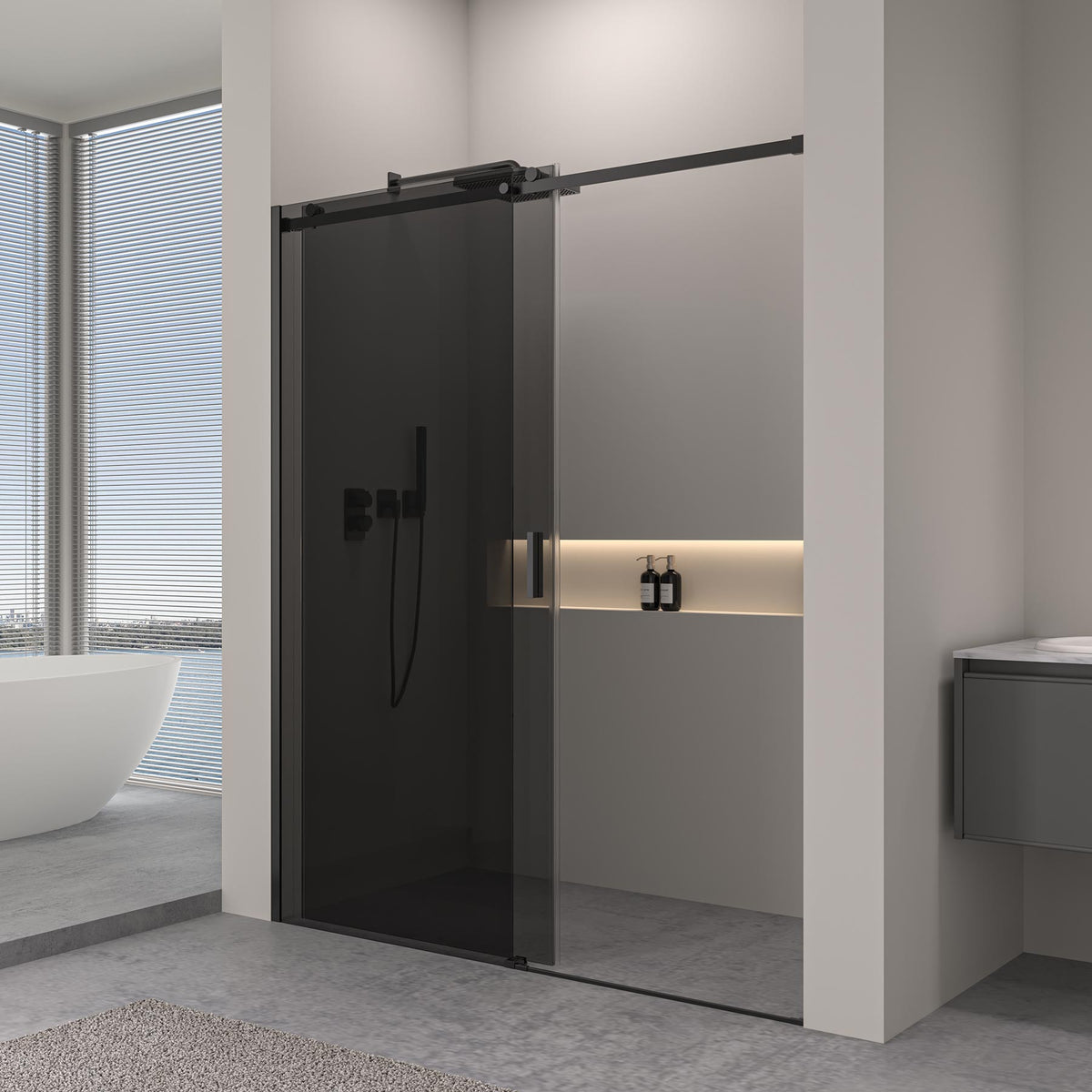 Nischendusche mit Schiebetür – 8 mm graues Sicherheitsglas / Schwarz Matt