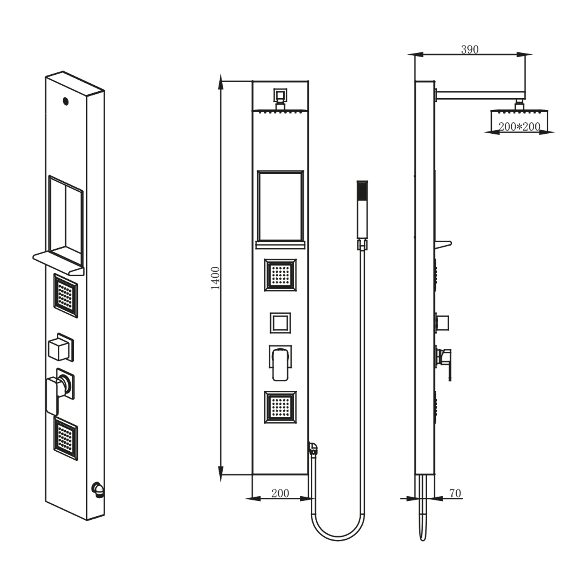 Płyta prysznicowa Czarna Matowa z aluminium – natrysk górny, 4 regulowane bodyjety i wnęka ścienna 140x20 cm