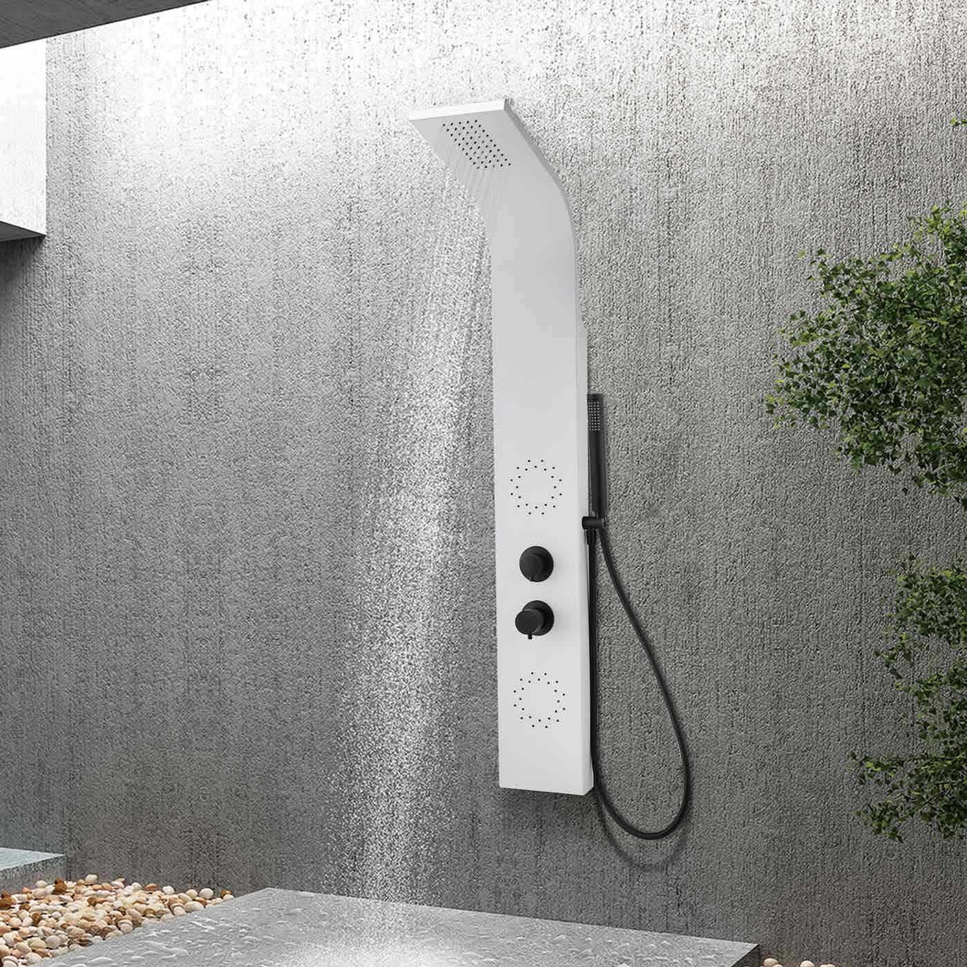 Płyta prysznicowa Biała Matowa 140 cm – natrysk górny, 2 okrągłe dysze boczne i czarne armatury