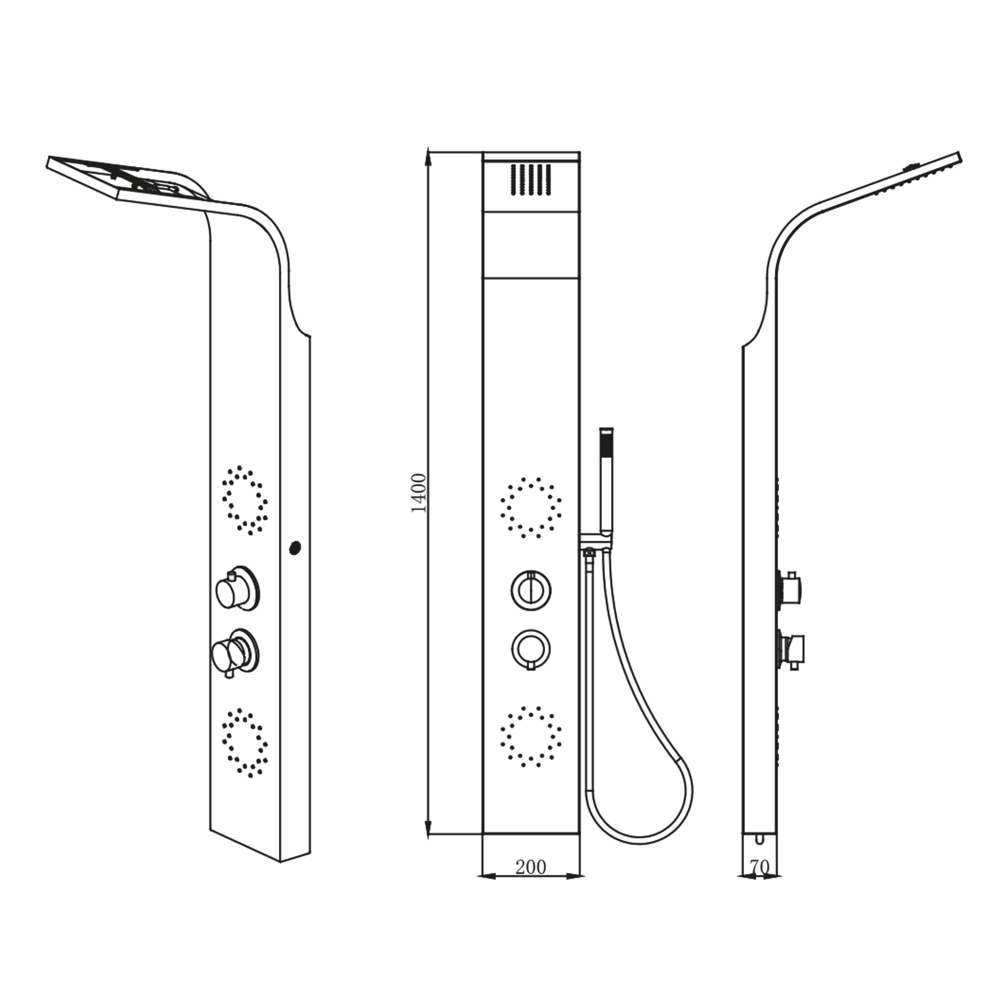 Płyta prysznicowa Biała Matowa 140 cm – natrysk górny, 2 okrągłe dysze boczne i czarne armatury