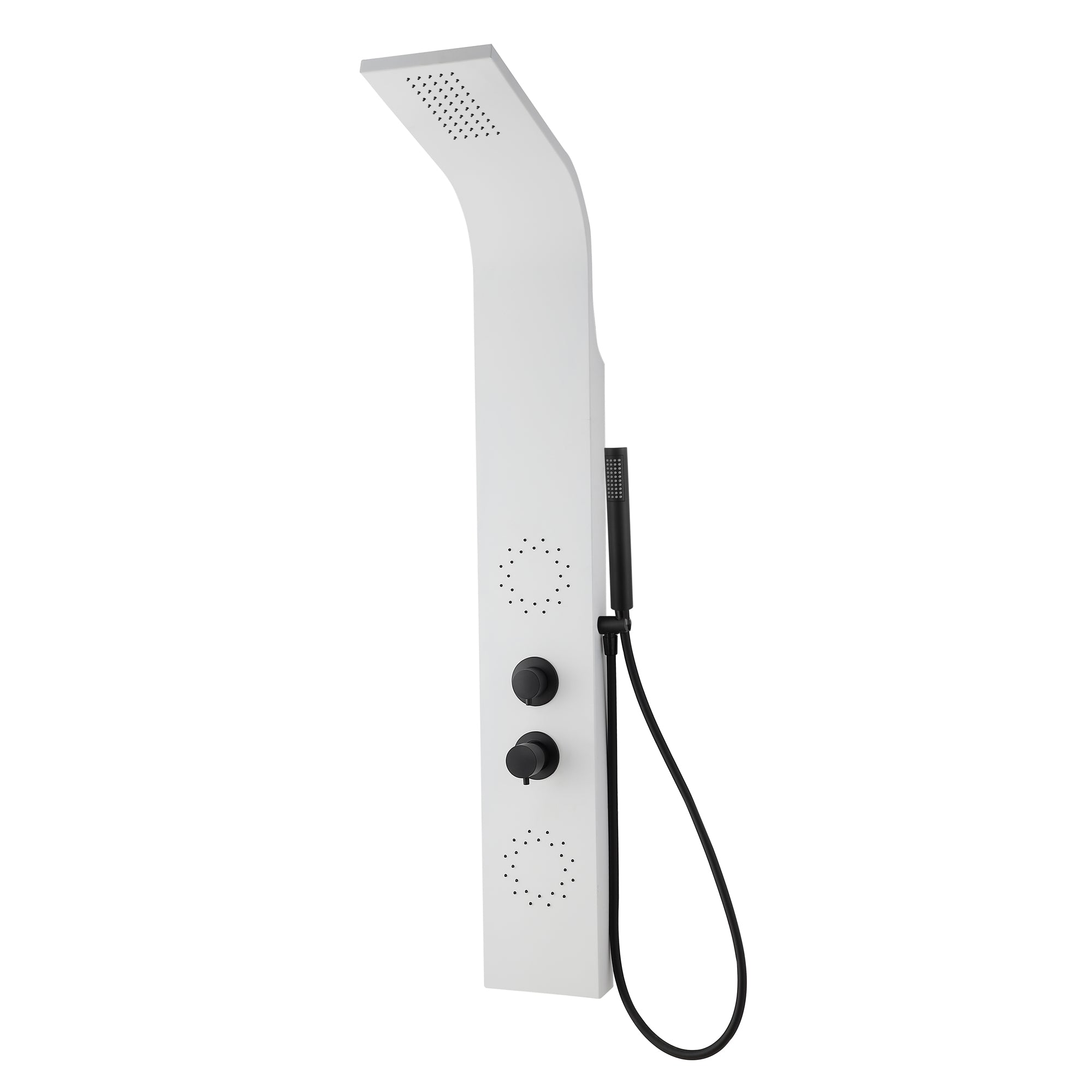 Płyta prysznicowa Biała Matowa 140 cm – natrysk górny, 2 okrągłe dysze boczne i czarne armatury