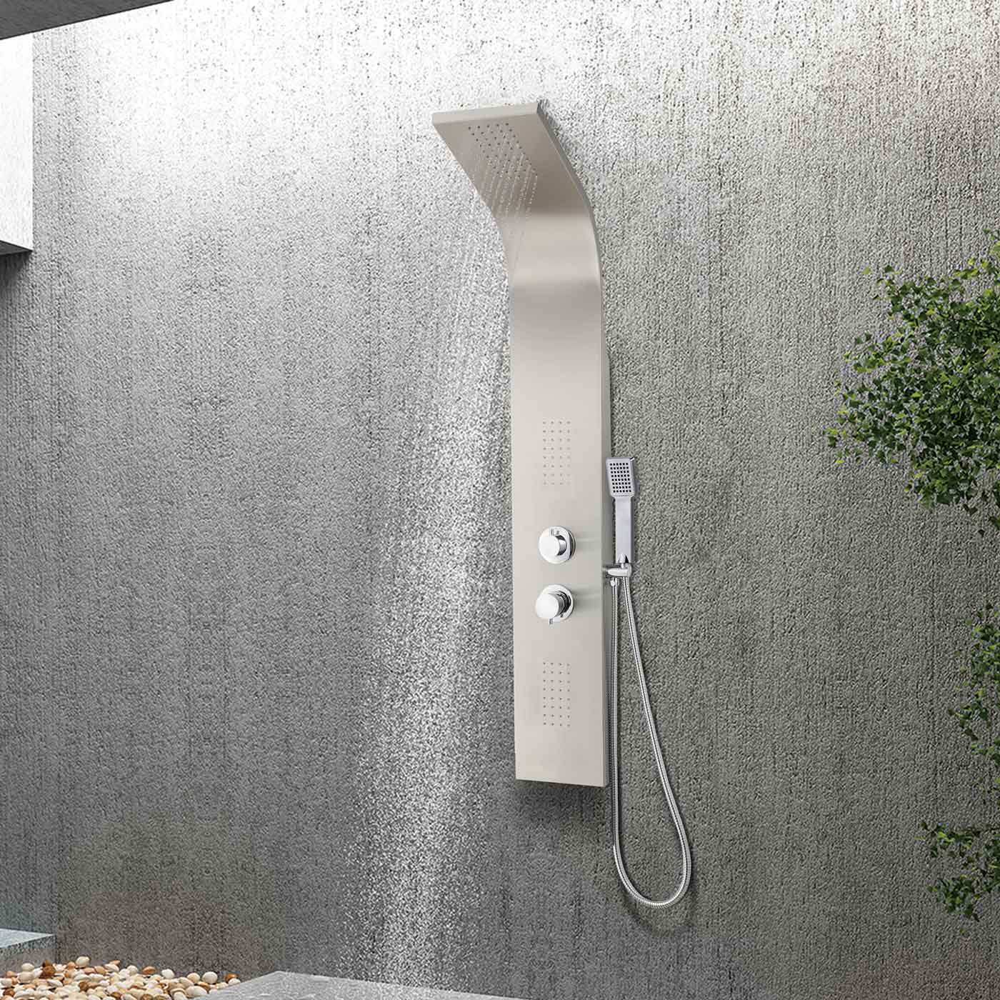 Płyta prysznicowa ze stali nierdzewnej 304 – natrysk górny, 2 dysze boczne, natrysk ręczny 130 x 20 cm