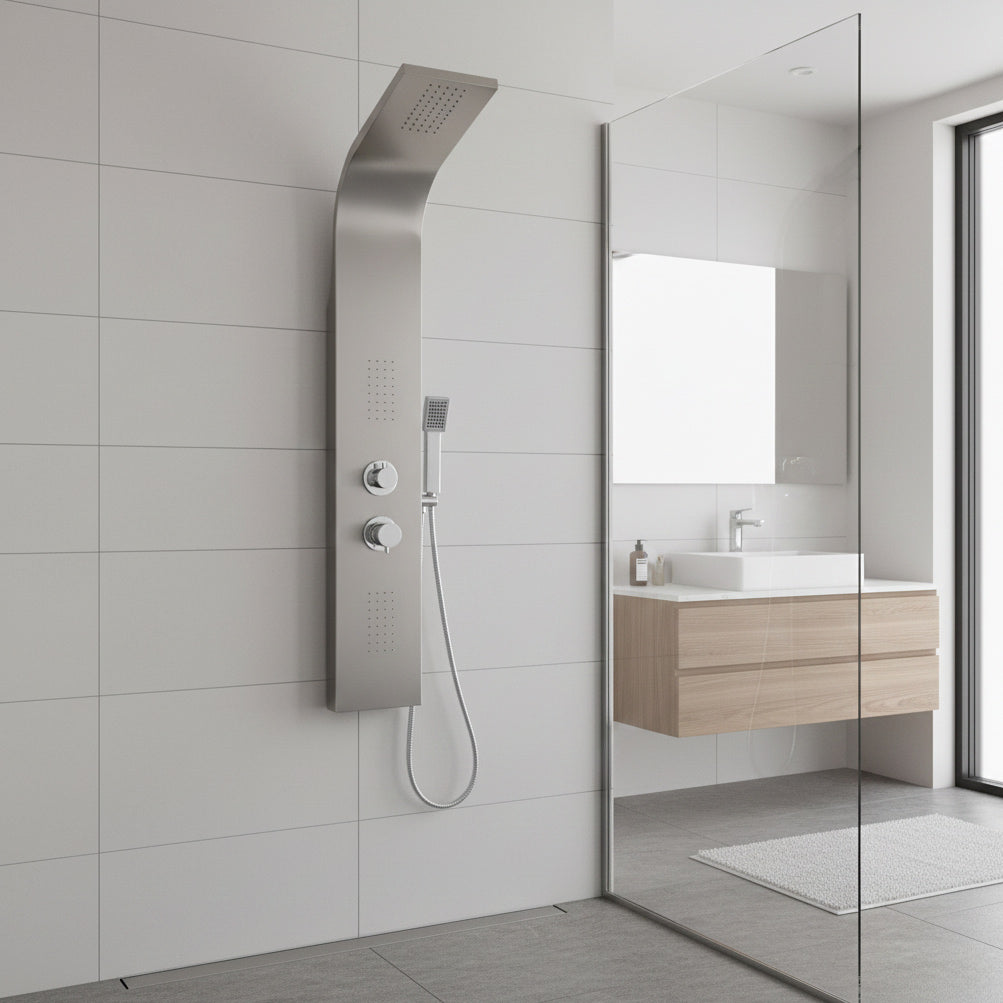 Płyta prysznicowa ze stali nierdzewnej 304 – natrysk górny, 2 dysze boczne, natrysk ręczny 130 x 20 cm