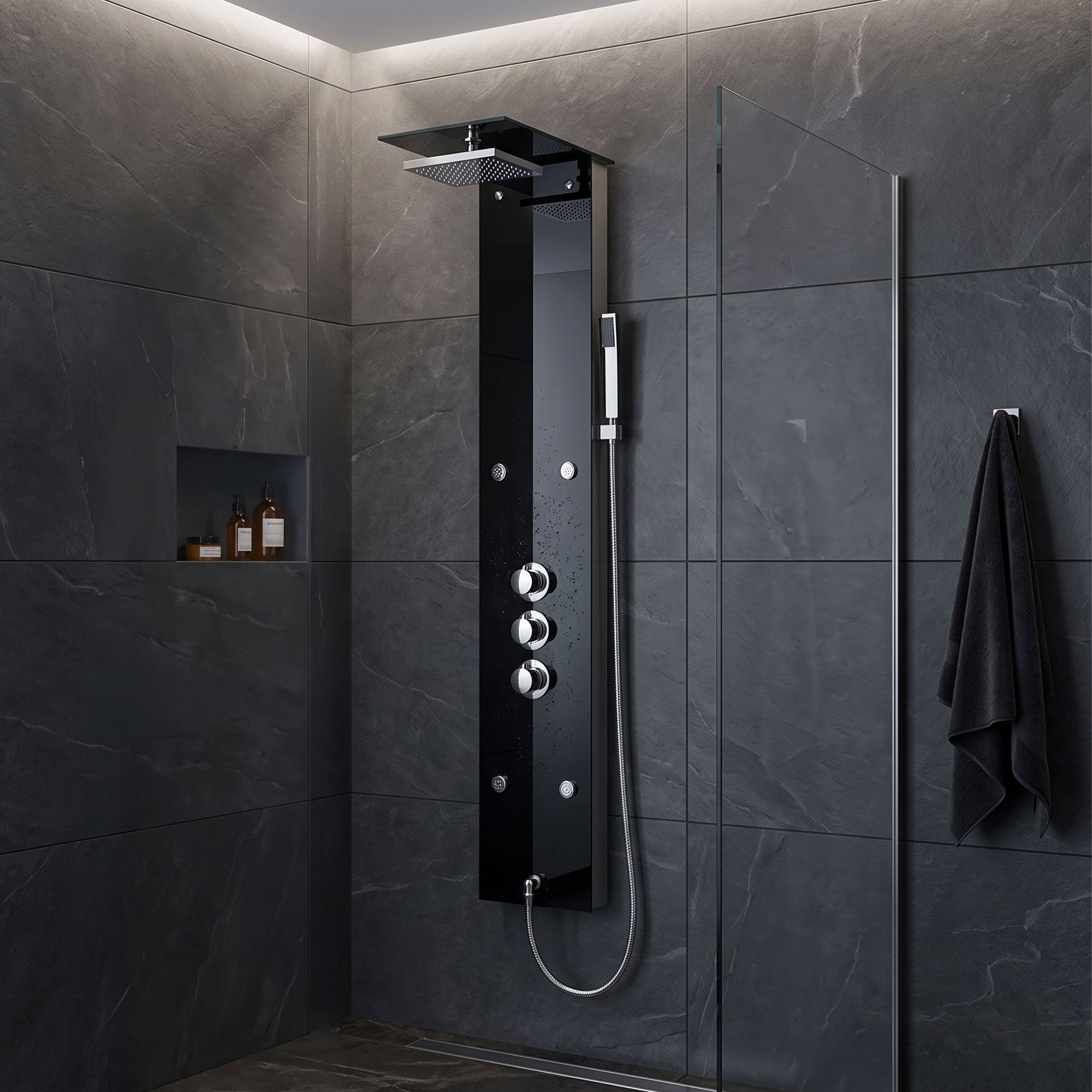Elegante Pannello doccia in vetro con Termostatico Nero