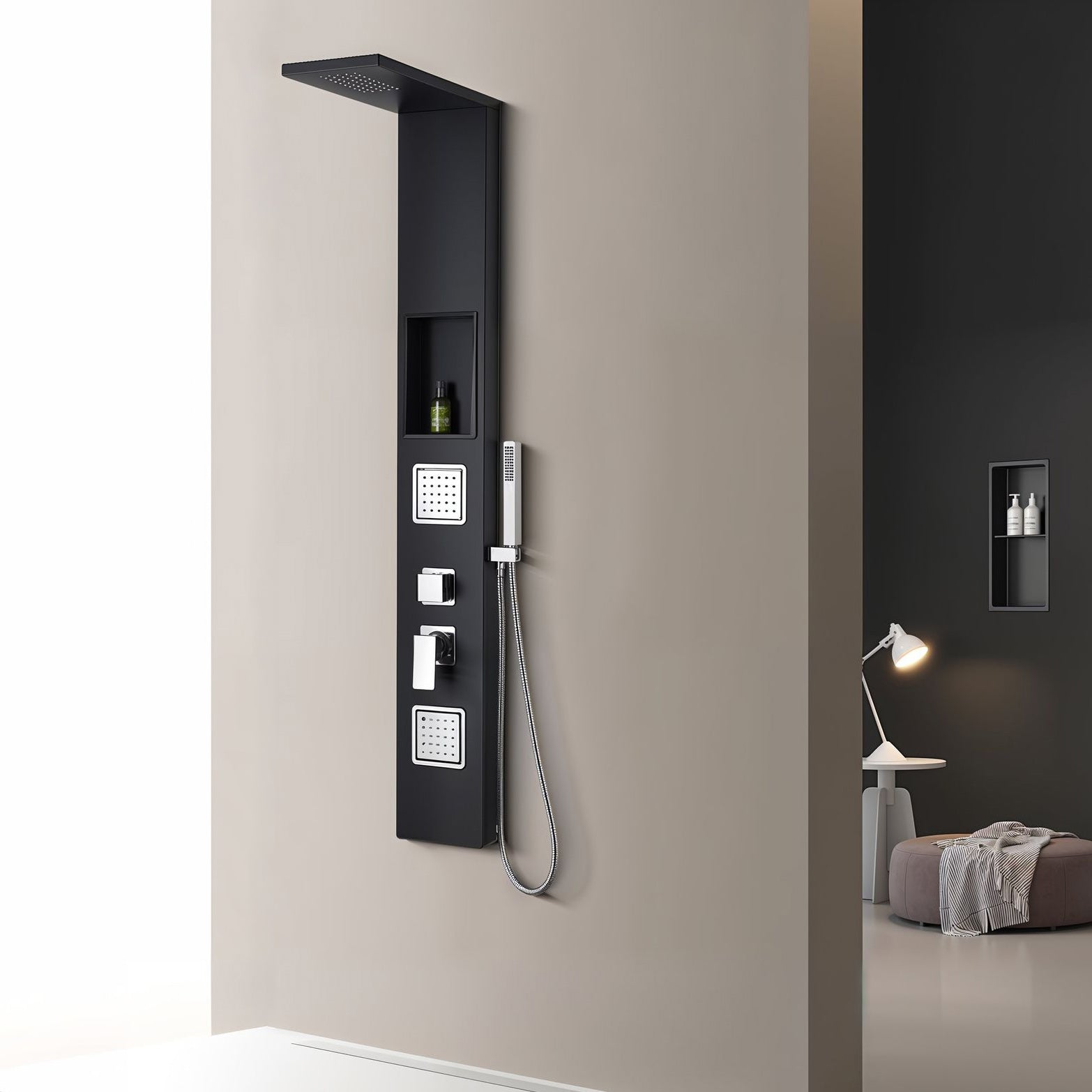 Duschpaneel in Schwarz Matt mit Mischerventil inkl. integrierter Wandnische