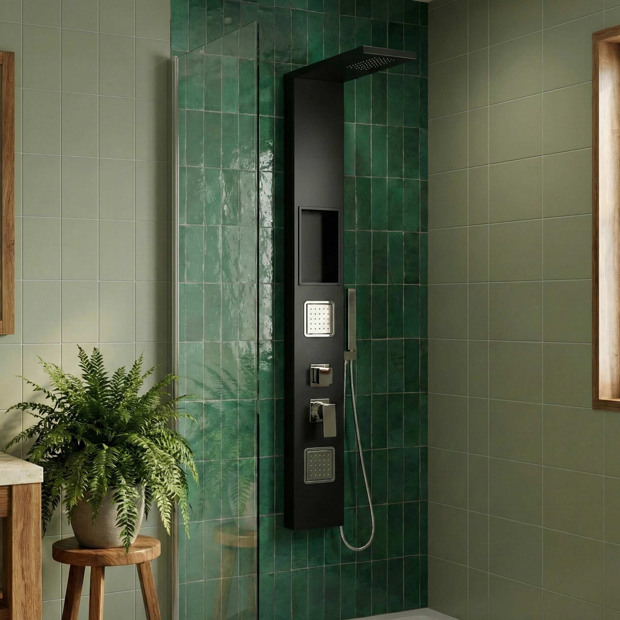 Duschpaneel in Schwarz Matt mit Mischerventil inkl. integrierter Wandnische