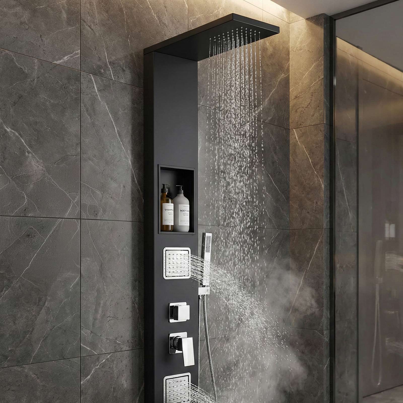 Duschpaneel in Schwarz Matt mit Mischerventil inkl. integrierter Wandnische