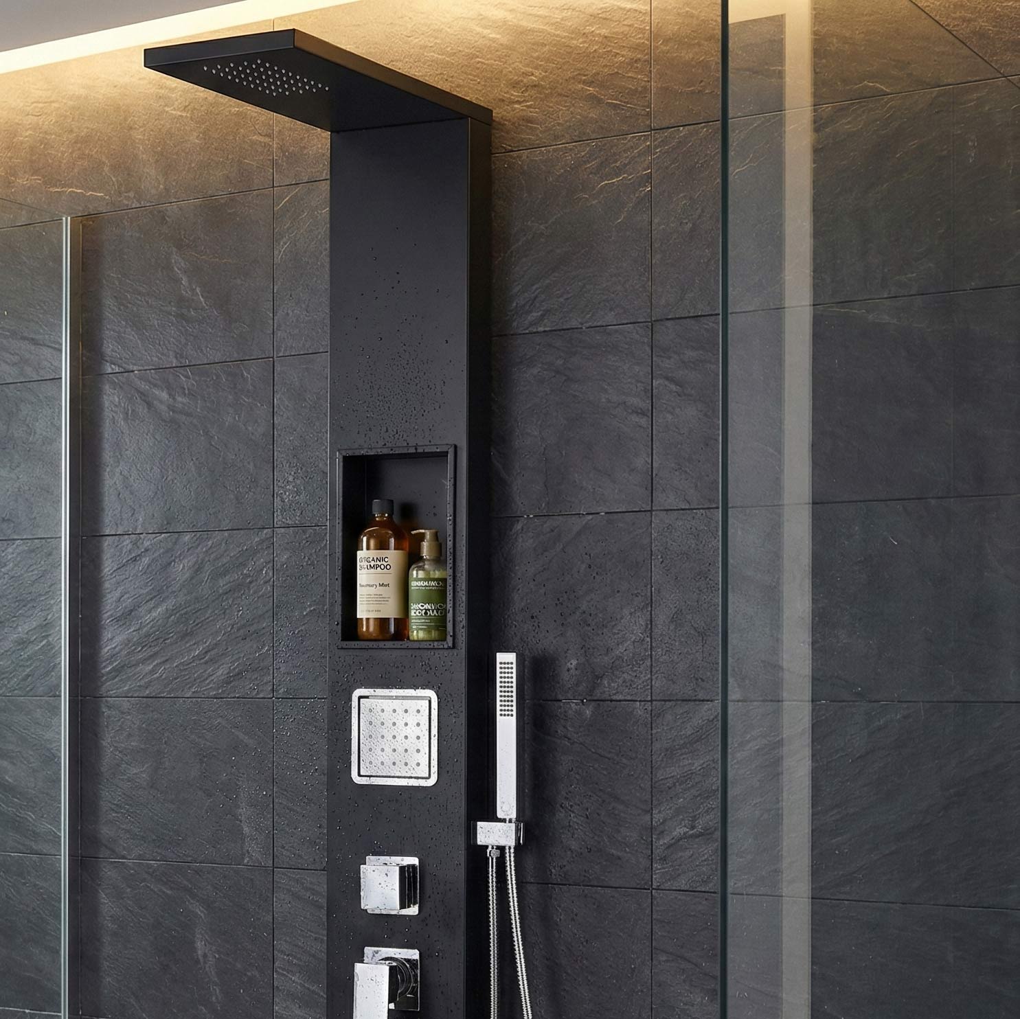 Duschpaneel in Schwarz Matt mit Mischerventil inkl. integrierter Wandnische