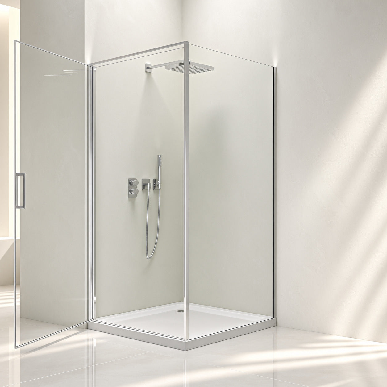Mampara de ducha angular con puerta abatible – vidrio templado de seguridad de 8 mm en Cromo, varios tamaños