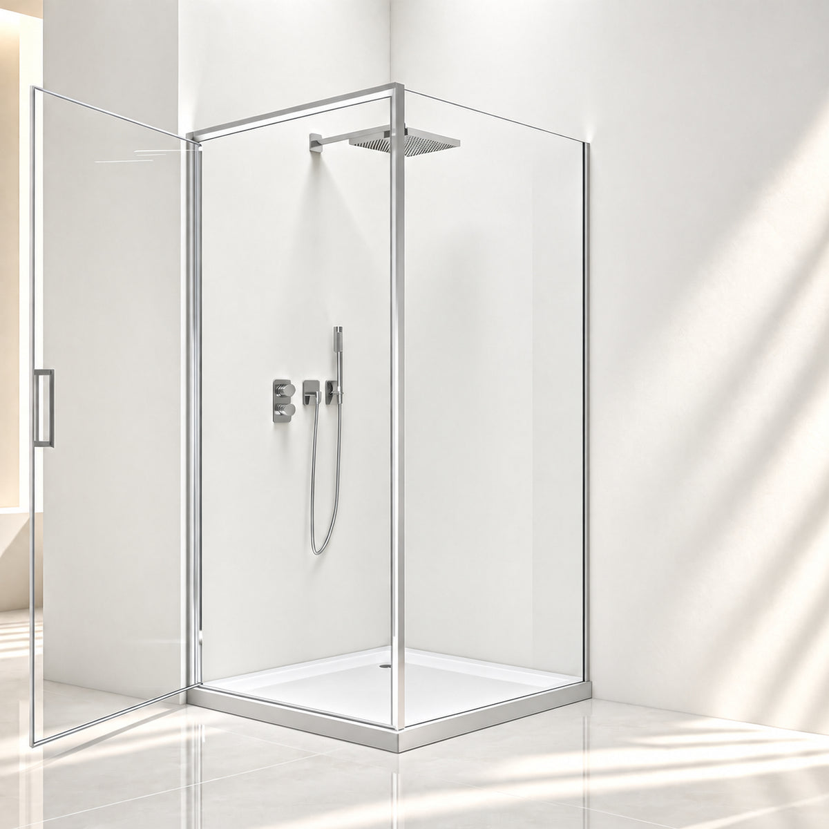 Corner shower enclosure with Pivot door – 8 mm Toughened safety glass in Chrome, various sizes