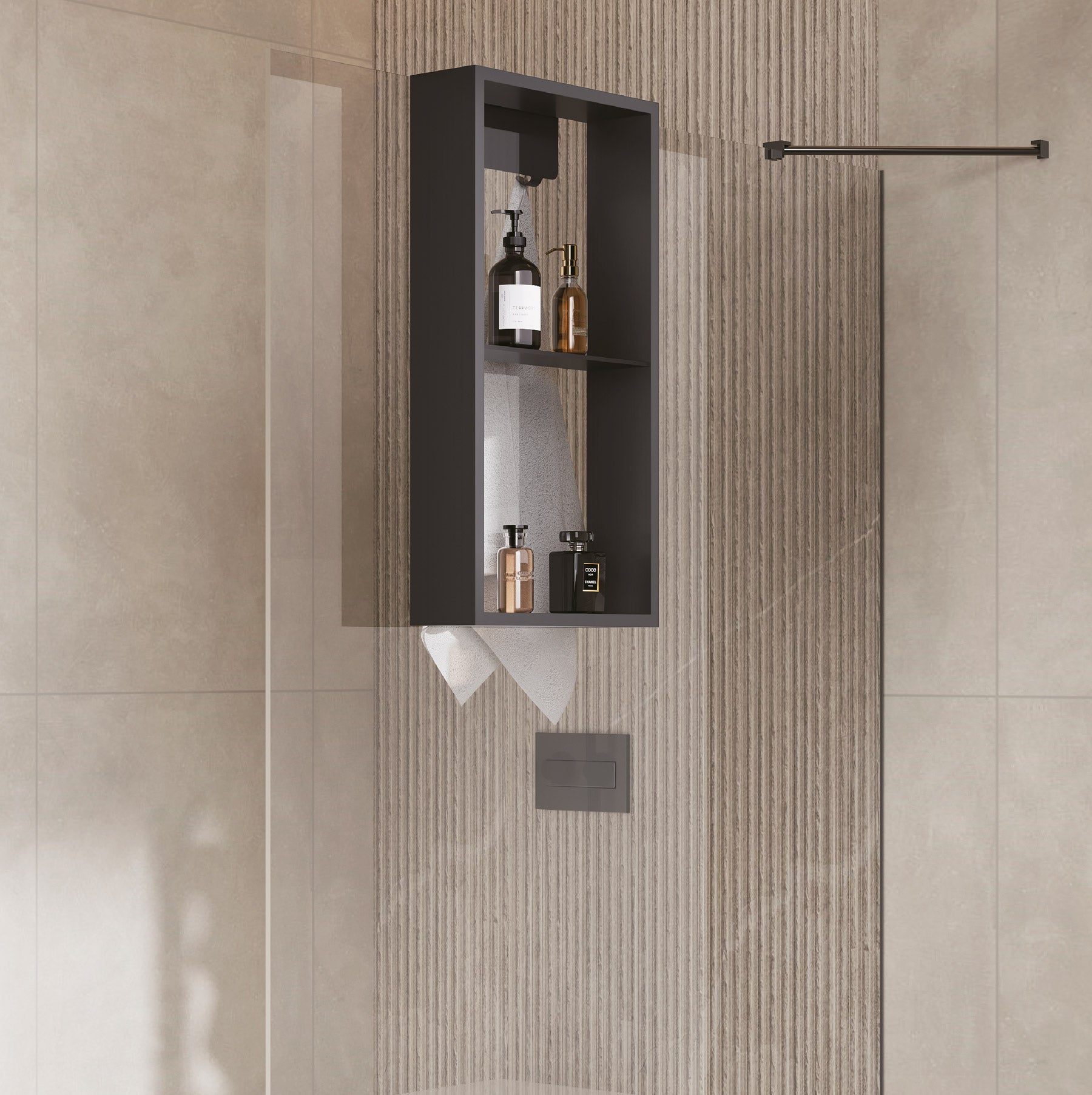 Niche murale apparente WallSpace noir mat/blanc mat avec étagère, crochets et tablette intermédiaire/60x30 cm