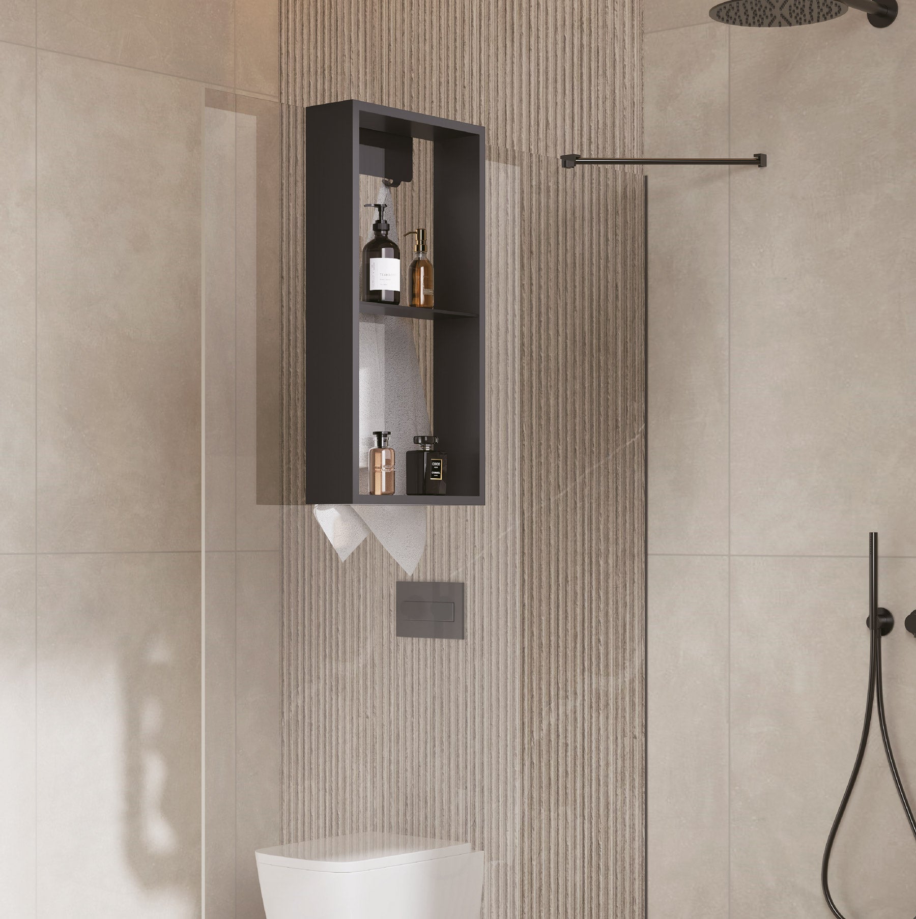 Niche murale apparente WallSpace noir mat/blanc mat avec étagère, crochets et tablette intermédiaire/60x30 cm