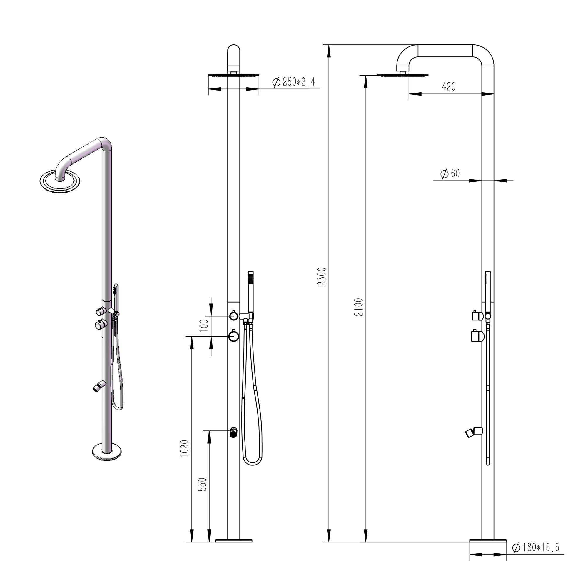 Douche de jardin design SOHO 2.0 noir mat en acier inoxydable 316L avec douchette à main