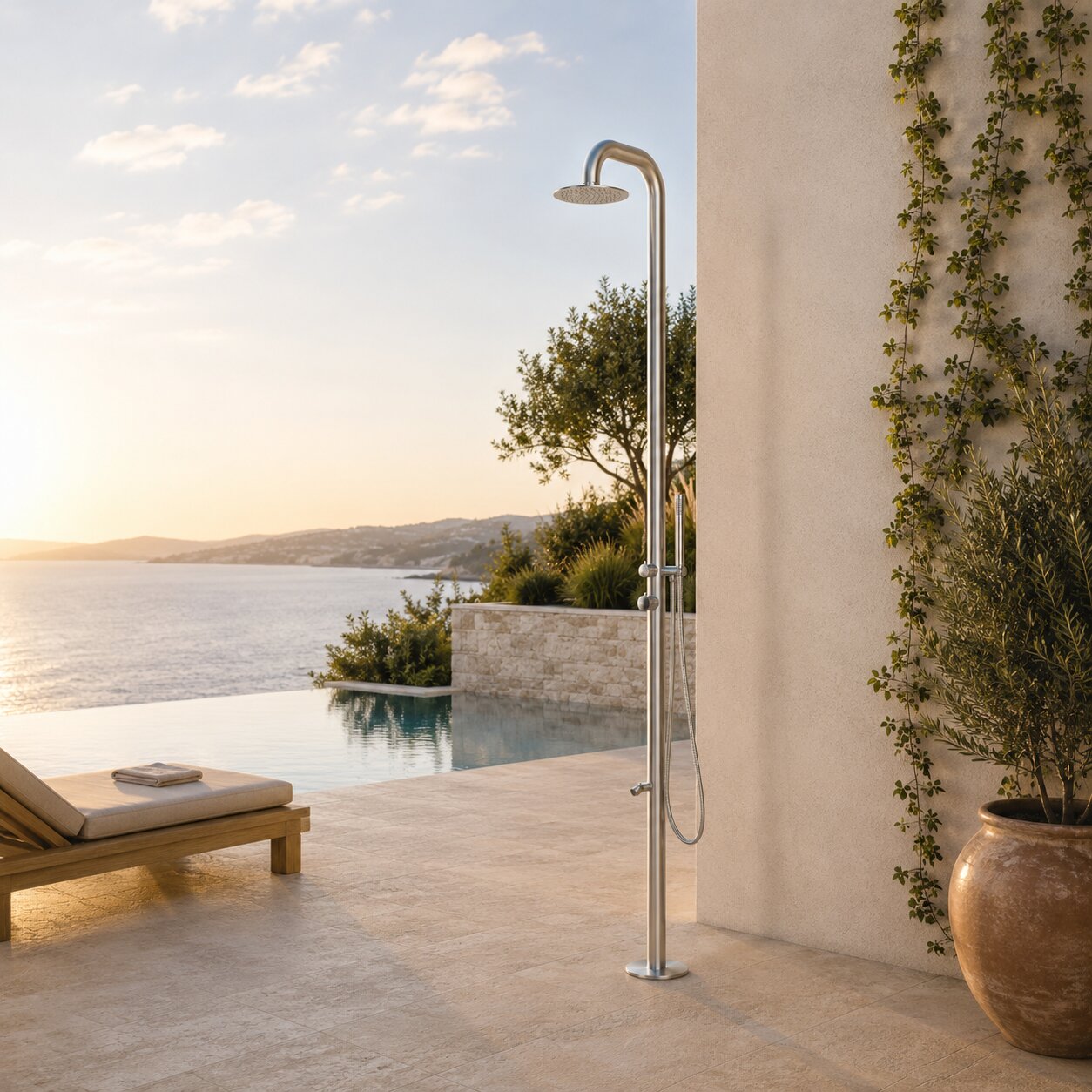 Designer garden shower SOHO 2.0 made of stainless steel 316L with hand shower