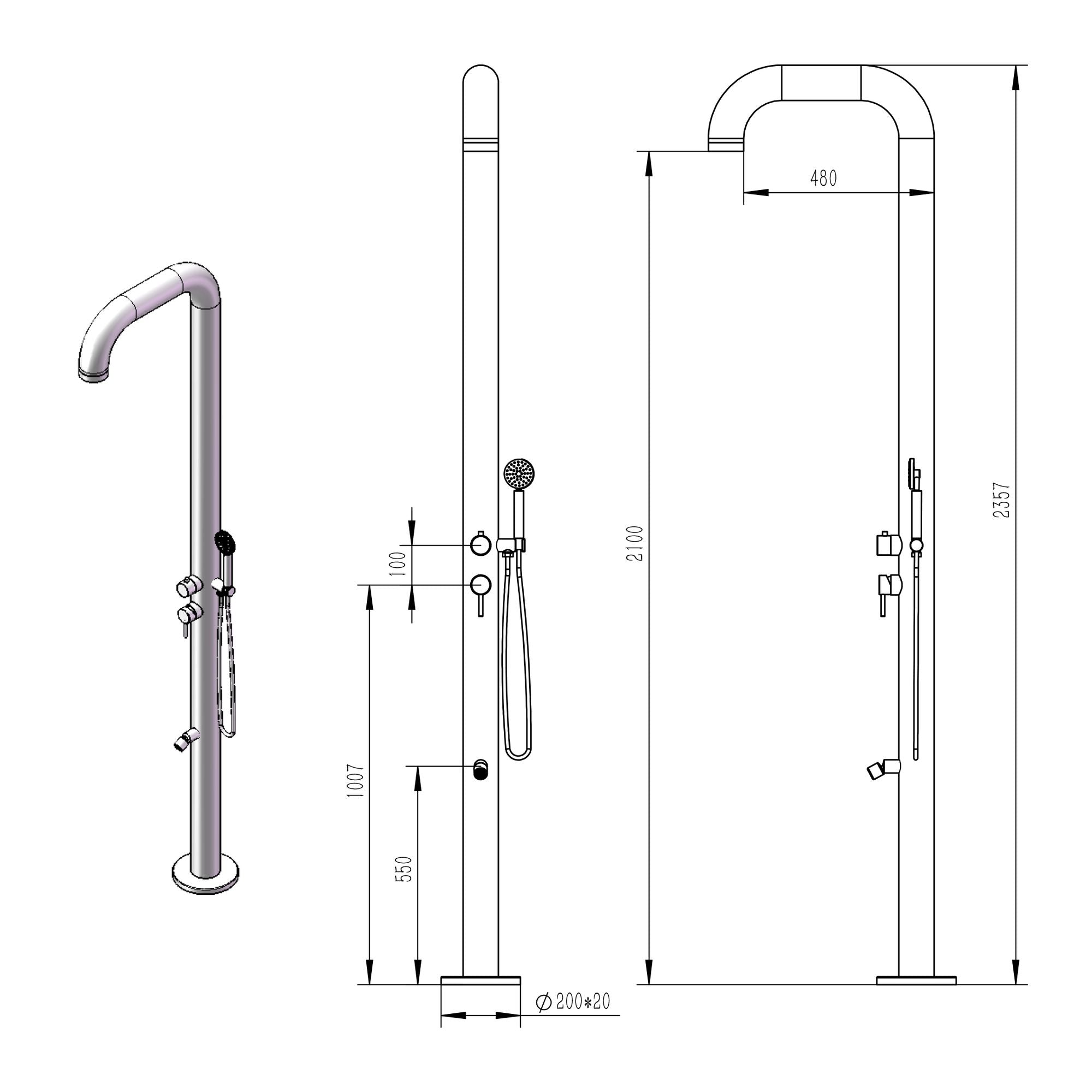 Douche de jardin design PARK 2.0 en acier inoxydable 316L avec douchette à main