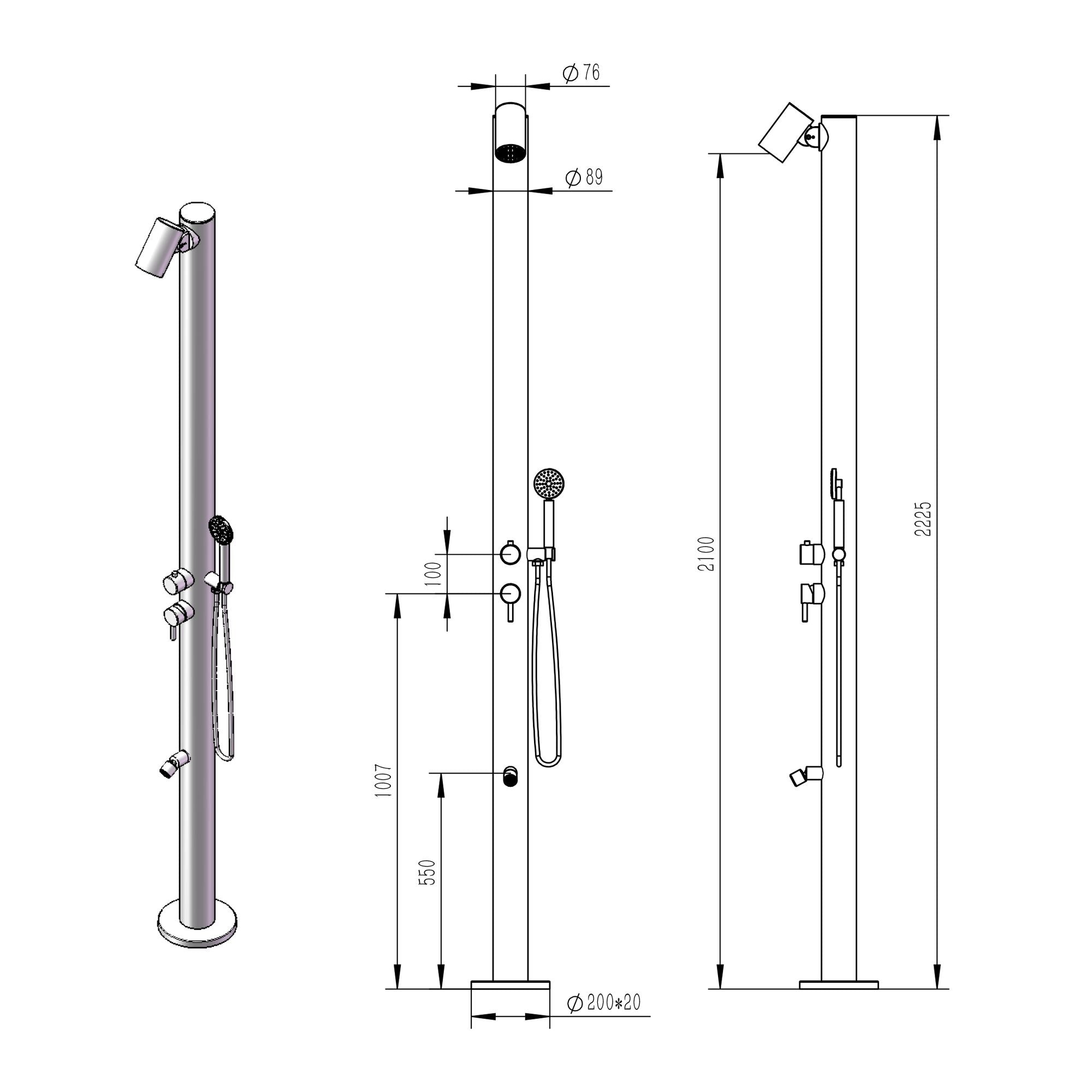 Douche de jardin design MILANO en noir mat en acier inoxydable 316L avec douchette à main