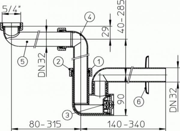 Raumspar-Waschtisch Möbelsiphon DN32x5/4"