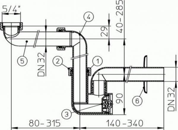 Siphon meuble gain de place pour lavabo DN32x5/4"