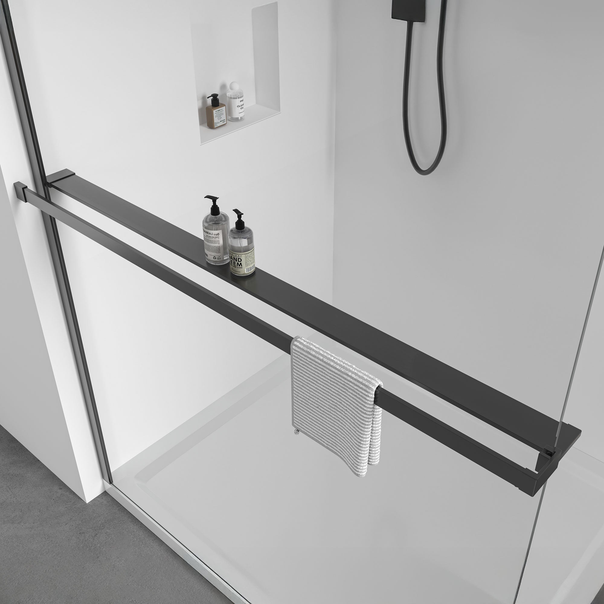 Držiak utierok a polica do sprchy pre Walk-In sprchy – matná čierna