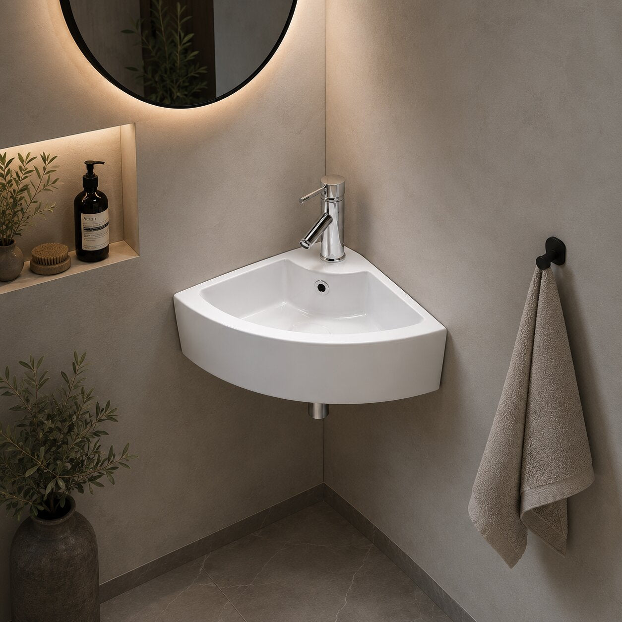 Lavabo en céramique d'angle pour WC invités 46x32 cm