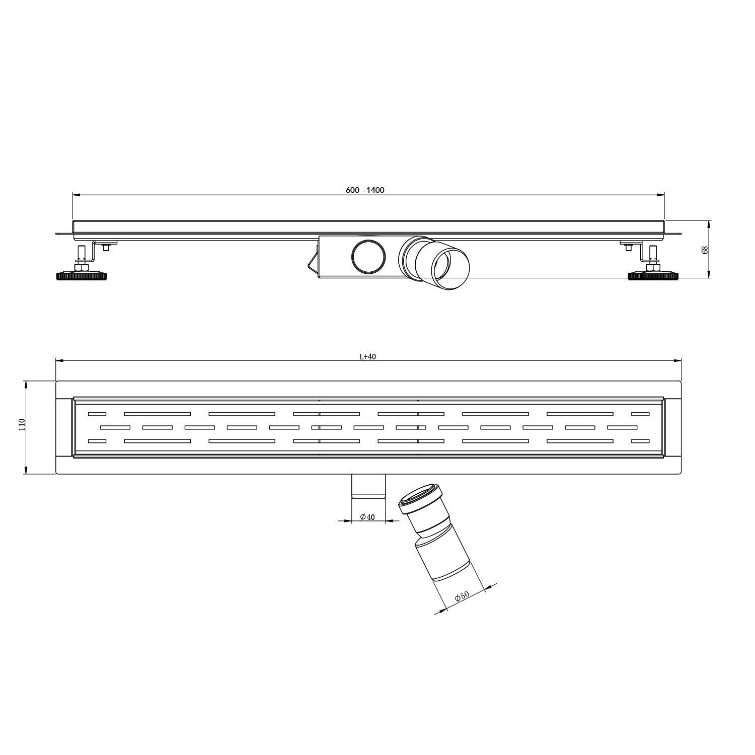 Canaletta doccia professionale con griglia di scarico 60-140cm in acciaio inox