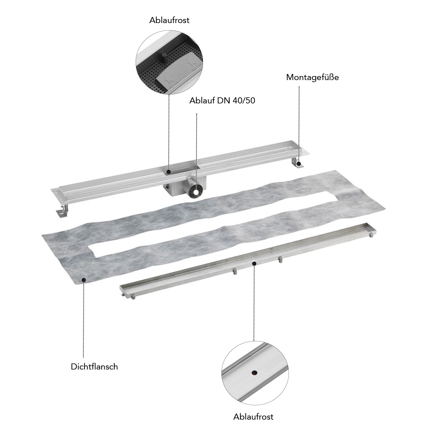 Professionnel Caniveau de douche Carrelable 2 en 1 60-140 cm Acier inoxydable SU 316