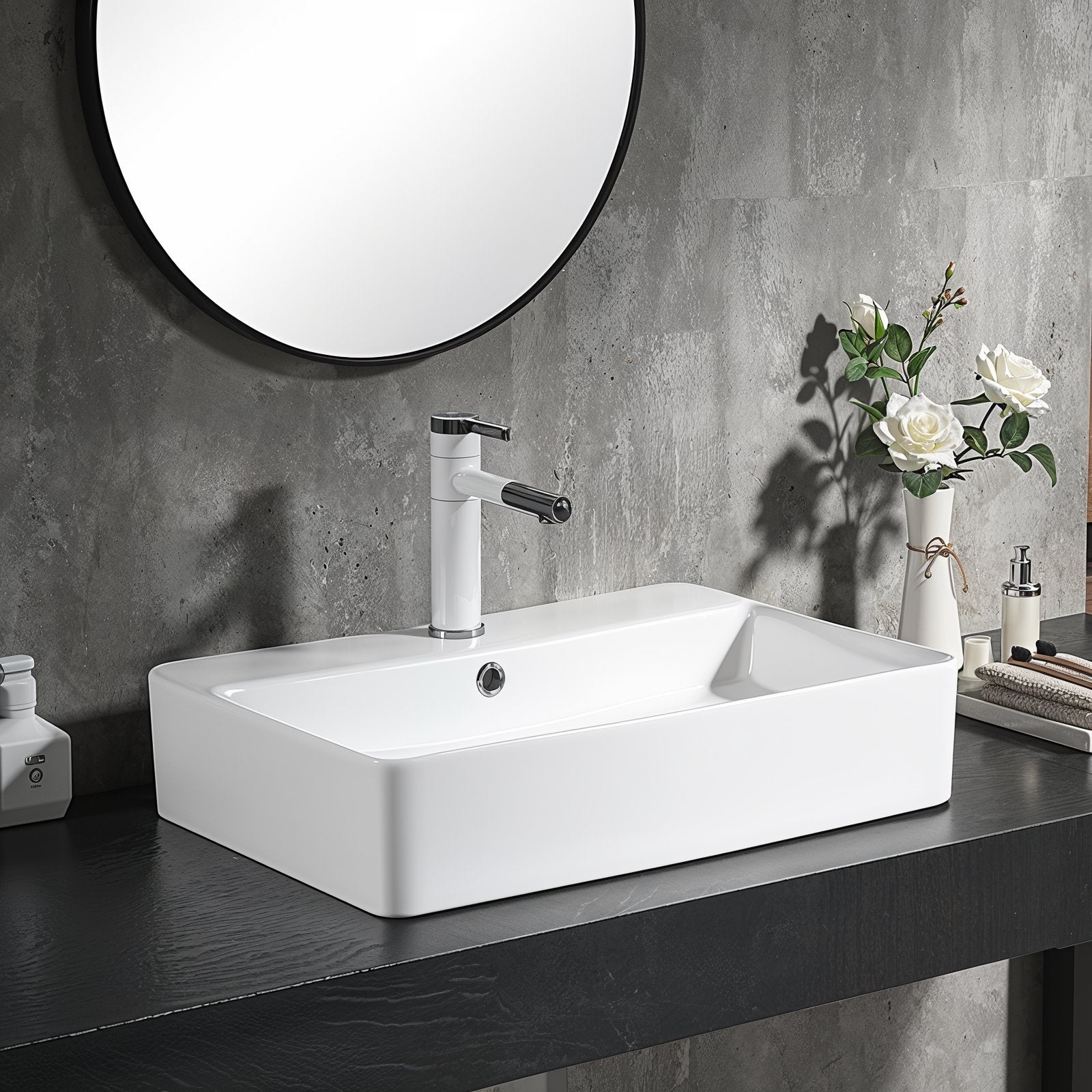 Lavabo de la série SOHO 2.0 à bord fin 60 x 42 cm en céramique fine, adapté pour montage mural ou en vasque à poser avec trou pour robinet