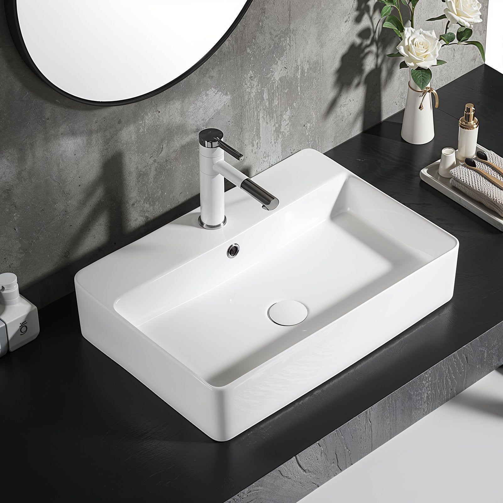 Lavabo de la série SOHO 2.0 à bord fin 60 x 42 cm en céramique fine, adapté pour montage mural ou en vasque à poser avec trou pour robinet
