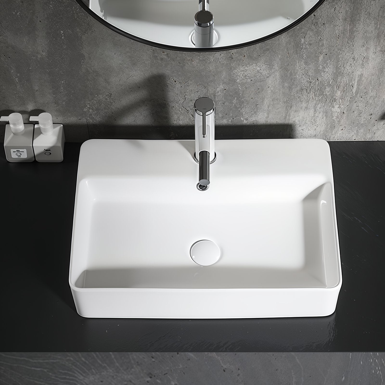 Lavabo de la série SOHO 2.0 à bord fin 60 x 42 cm en céramique fine, adapté pour montage mural ou en vasque à poser avec trou pour robinet