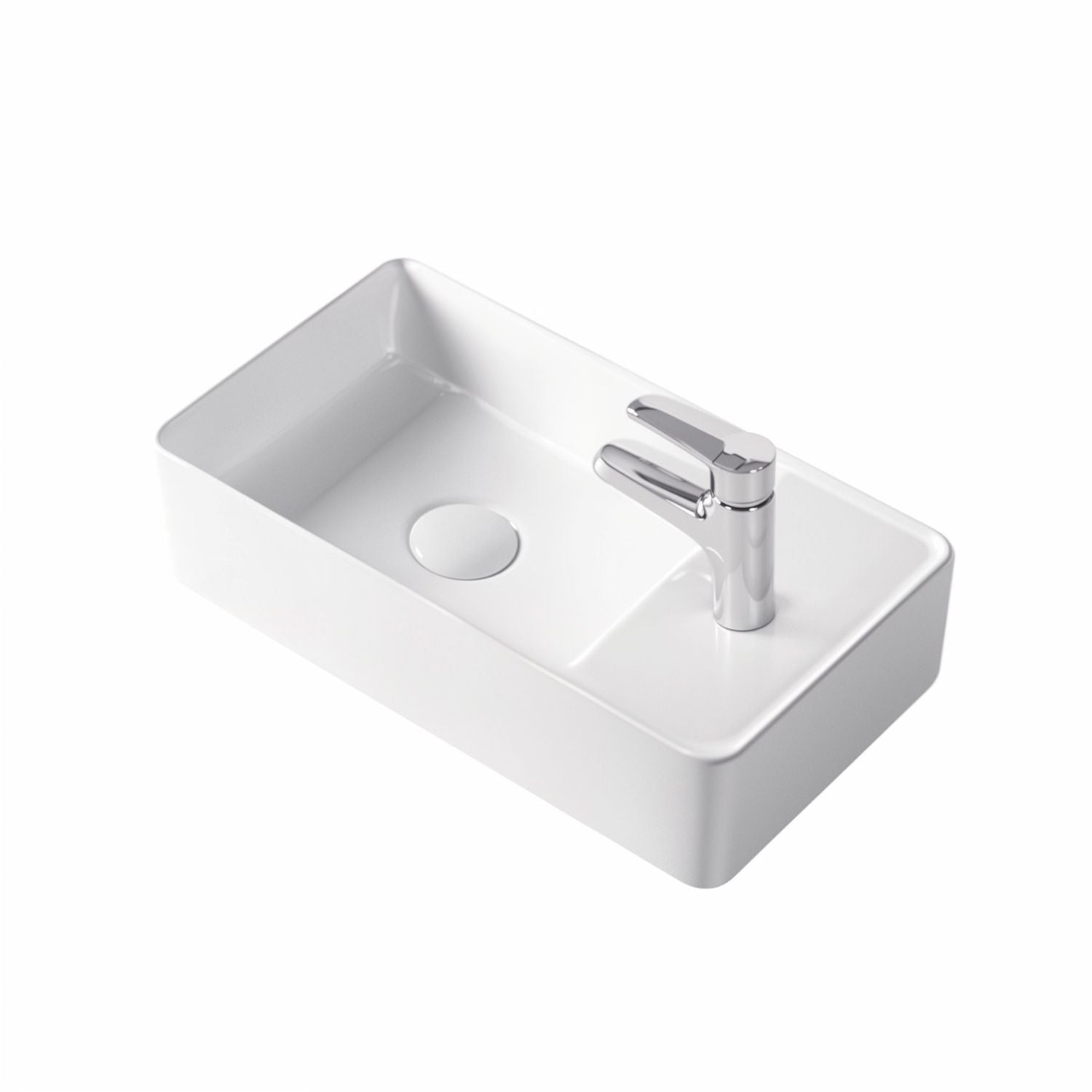 Lavabo WC d'invités SOHO 2.0 en céramique fine, dimensions 46 x 25 x 12 cm, pour montage mural ou utilisation comme vasque à poser avec trou pour robinet