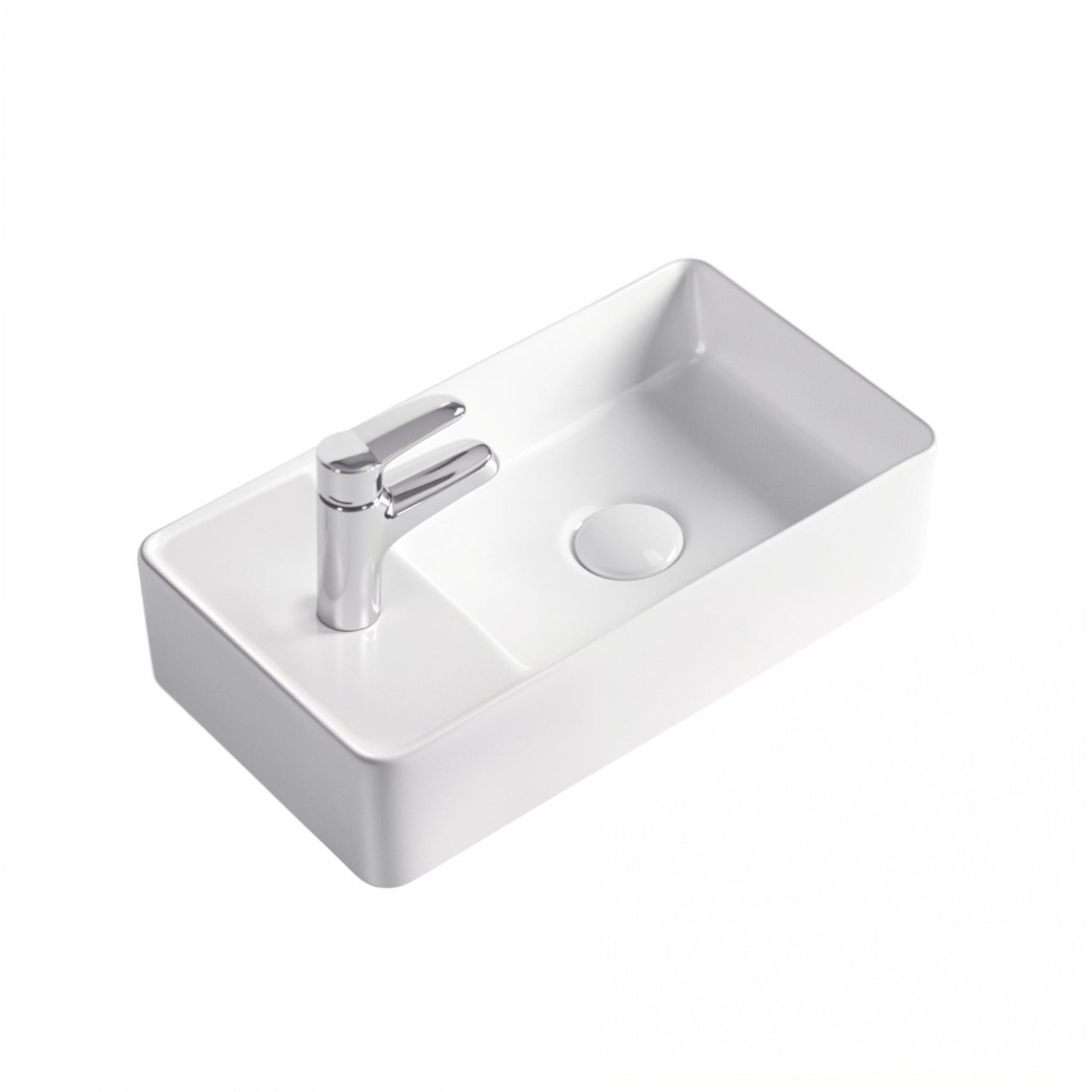 Lavabo WC d'invités SOHO 2.0 en céramique fine, dimensions 46 x 25 x 12 cm, pour montage mural ou utilisation comme vasque à poser avec trou pour robinet