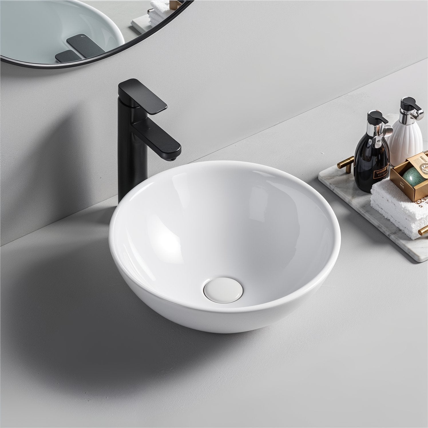 Lavabo da Appoggio in Ceramica Rotondo Highline Bianco Brillante 40 cm