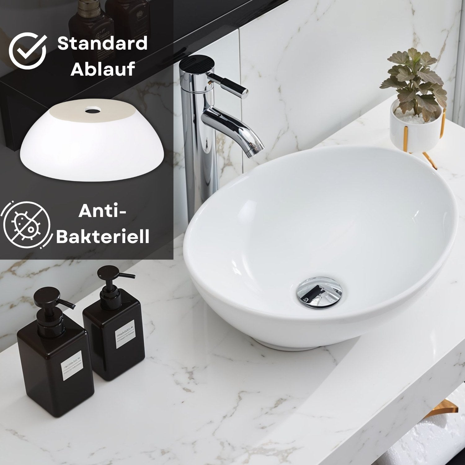 Lavabo Park en céramique fine, coloris blanc brillant, à poser sans trou pour robinet, dimensions 400 x 340 x 145 mm