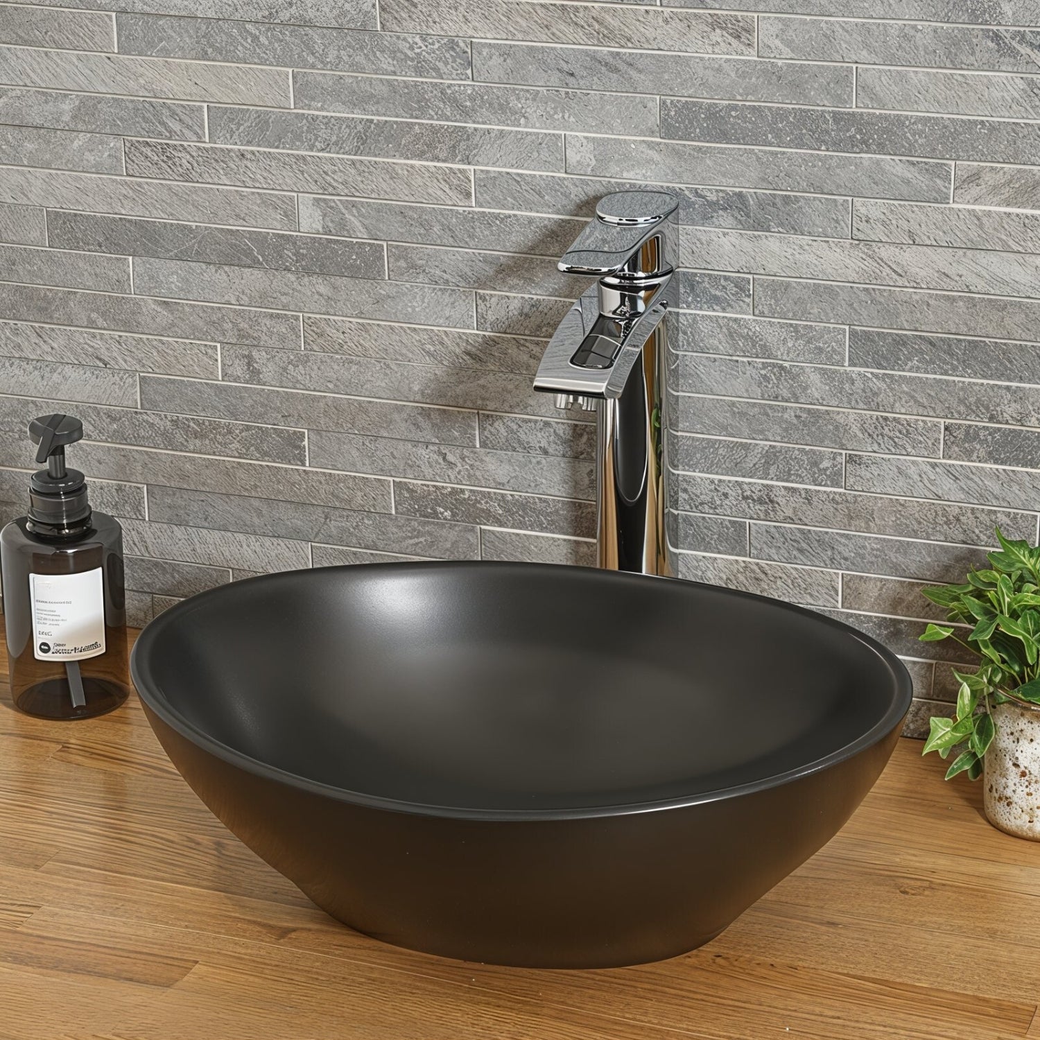 Lavabo à poser Park en céramique fine, finition noir mat, sans trou pour robinet, 400 x 340 x 145 mm