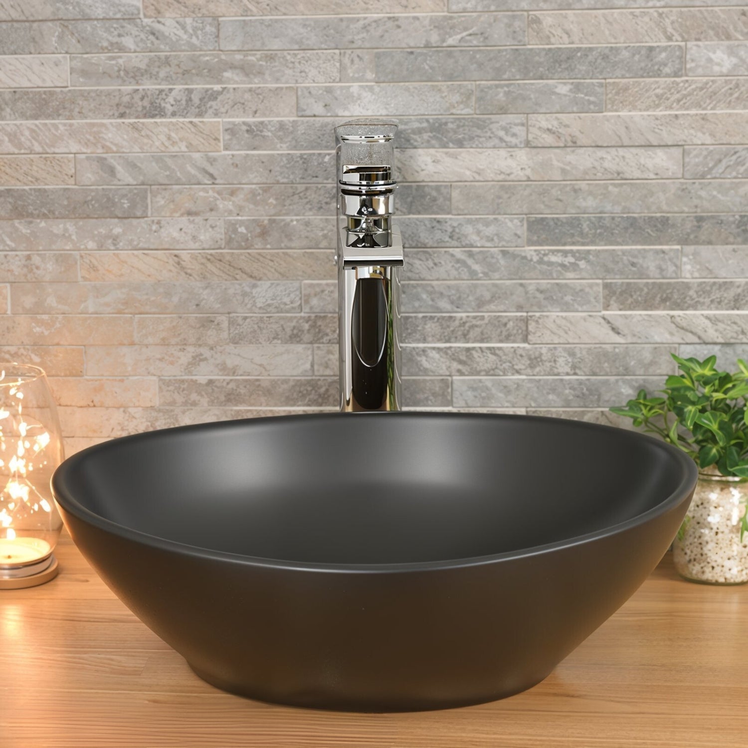Lavabo à poser Park en céramique fine, finition noir mat, sans trou pour robinet, 400 x 340 x 145 mm