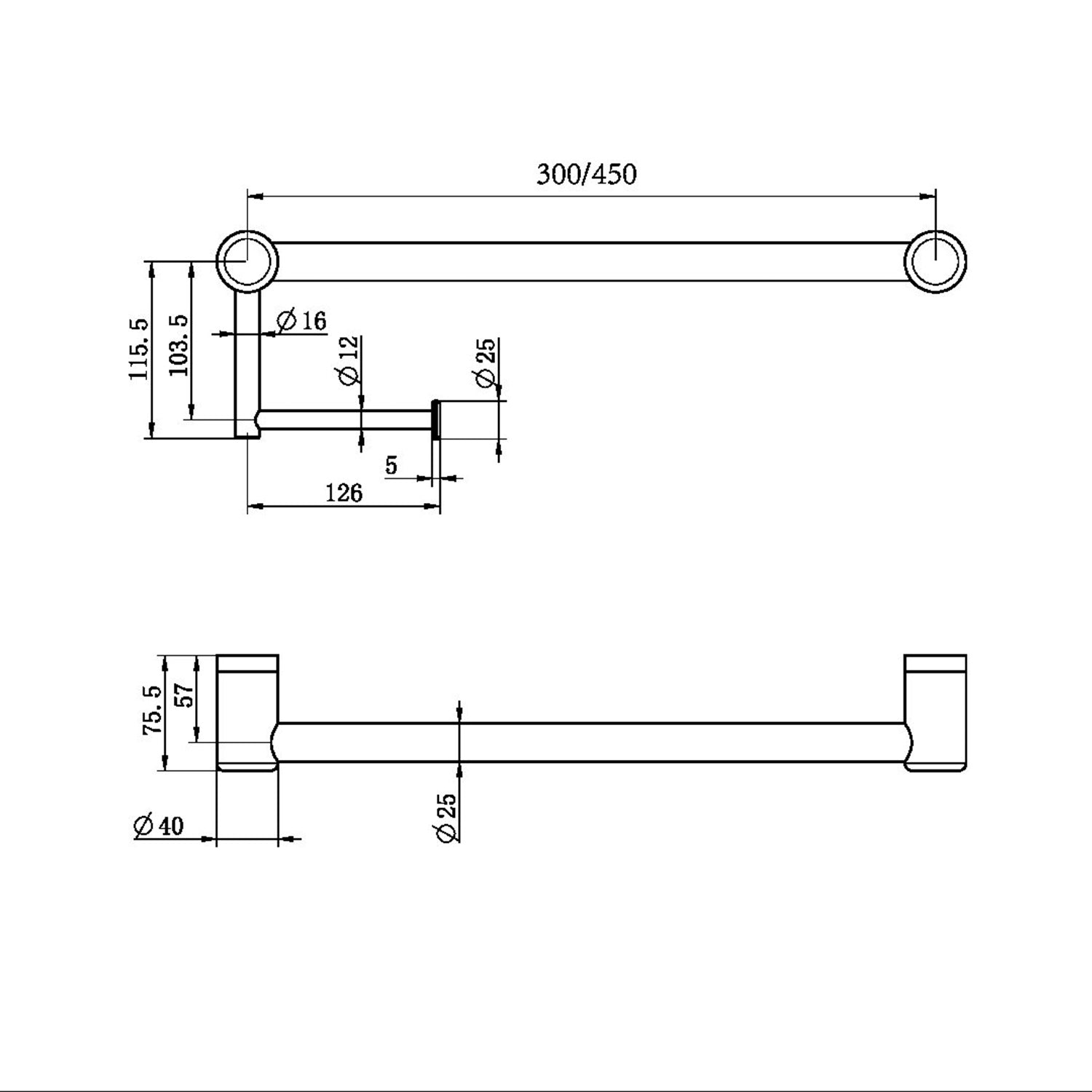 Mecca CARE 25 mm WC-koľajnicová lišta s držiakom 450 mm
