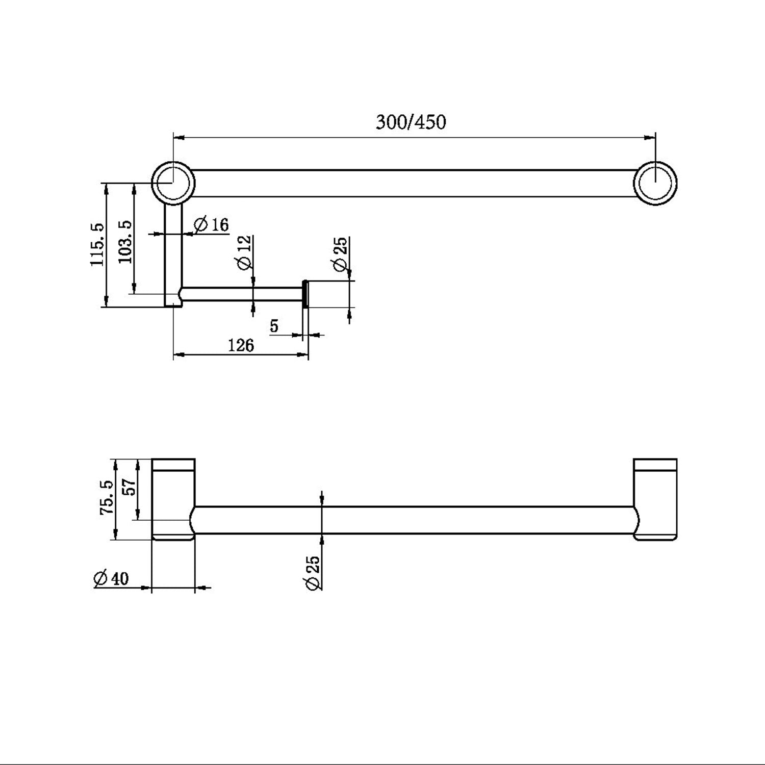 Mecca CARE 25 mm WC-Rollenschiene mit Halter 450 mm