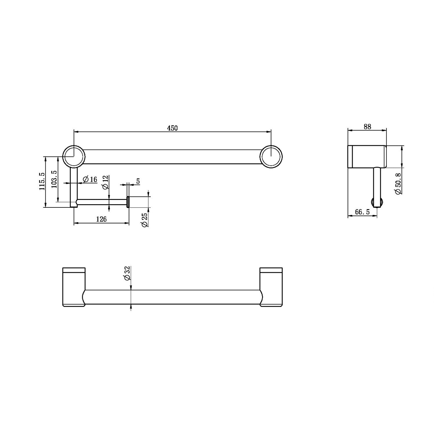 Porte-papier toilette Mecca CARE 32-MM avec appui WC 450 MM