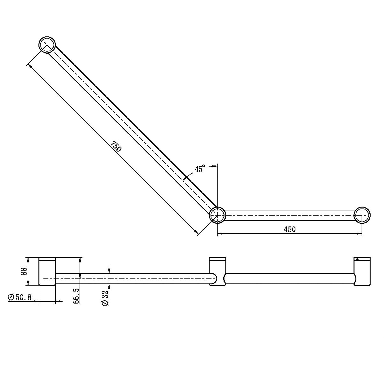 Mecca CARE 32 mm Haltegriff für Toilette, 45°, 750 x 450 mm Stützgriff