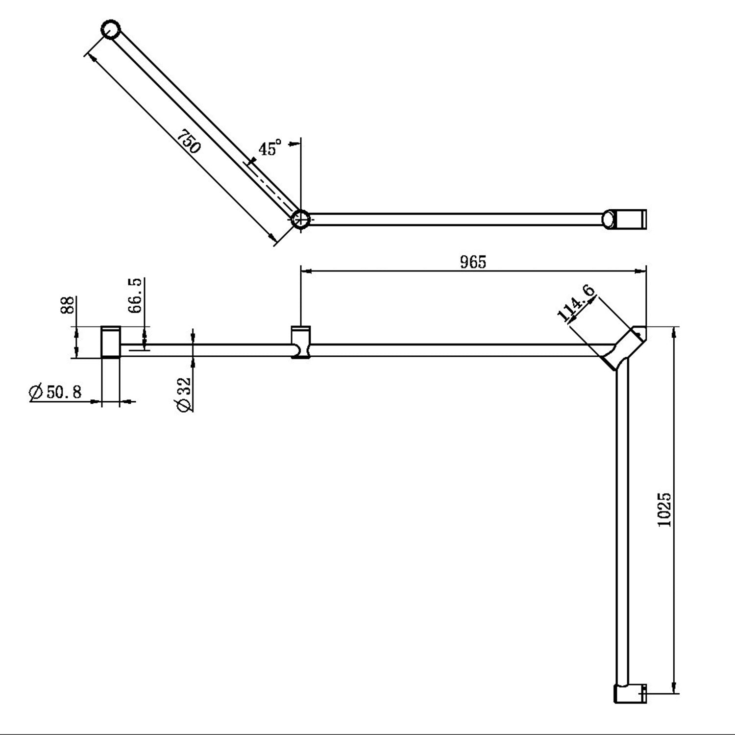 Mecca CARE 32 mm DDA WC Haltegriff Set, 45° durchgehend, 750 x 965 x 1025 mm Stützgriff