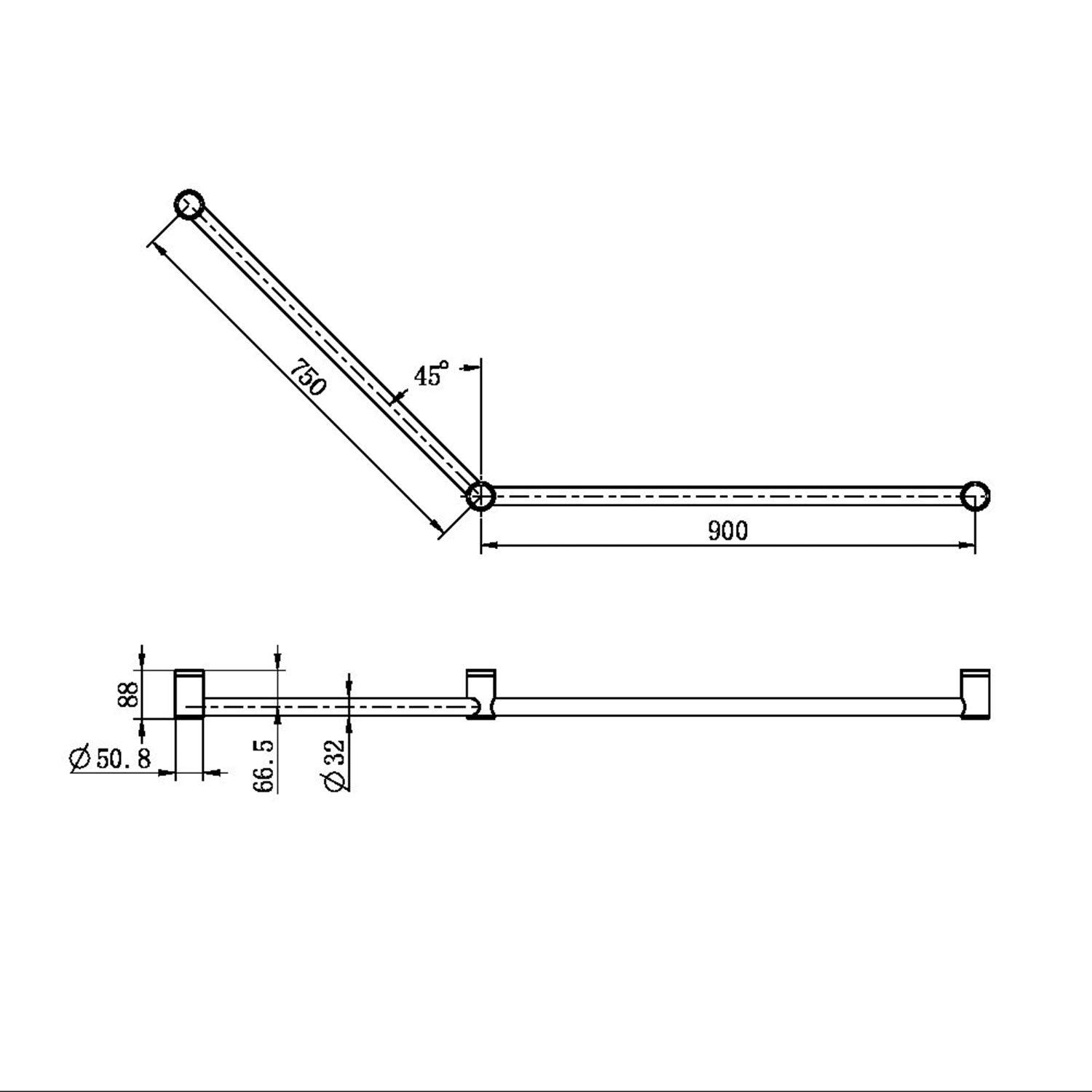 Poignée de soutien Mecca CARE 32MM DDA 45° 750X900MM