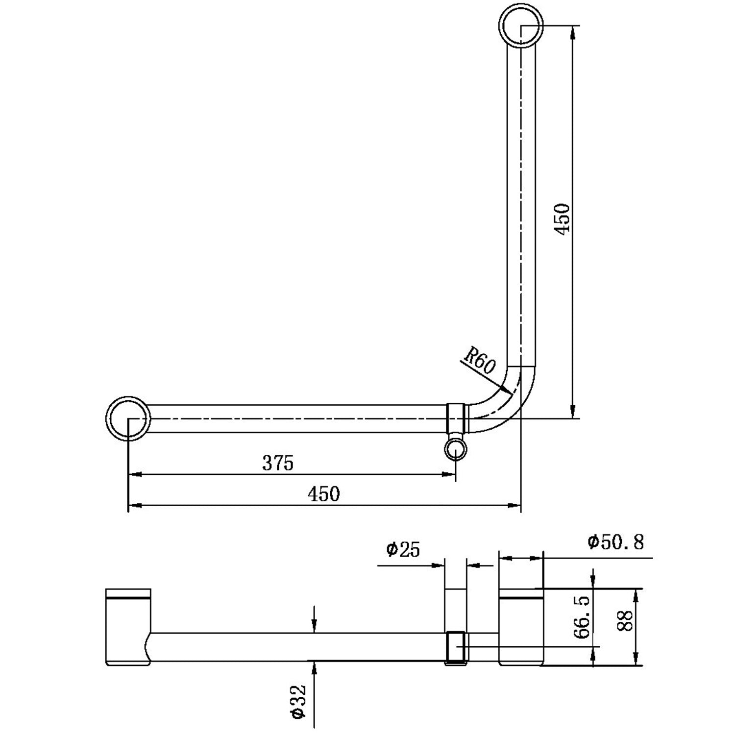 Mecca CARE Poignée de soutien 32 MM AMBULANT 90° pour douche ou bain 450x450 MM