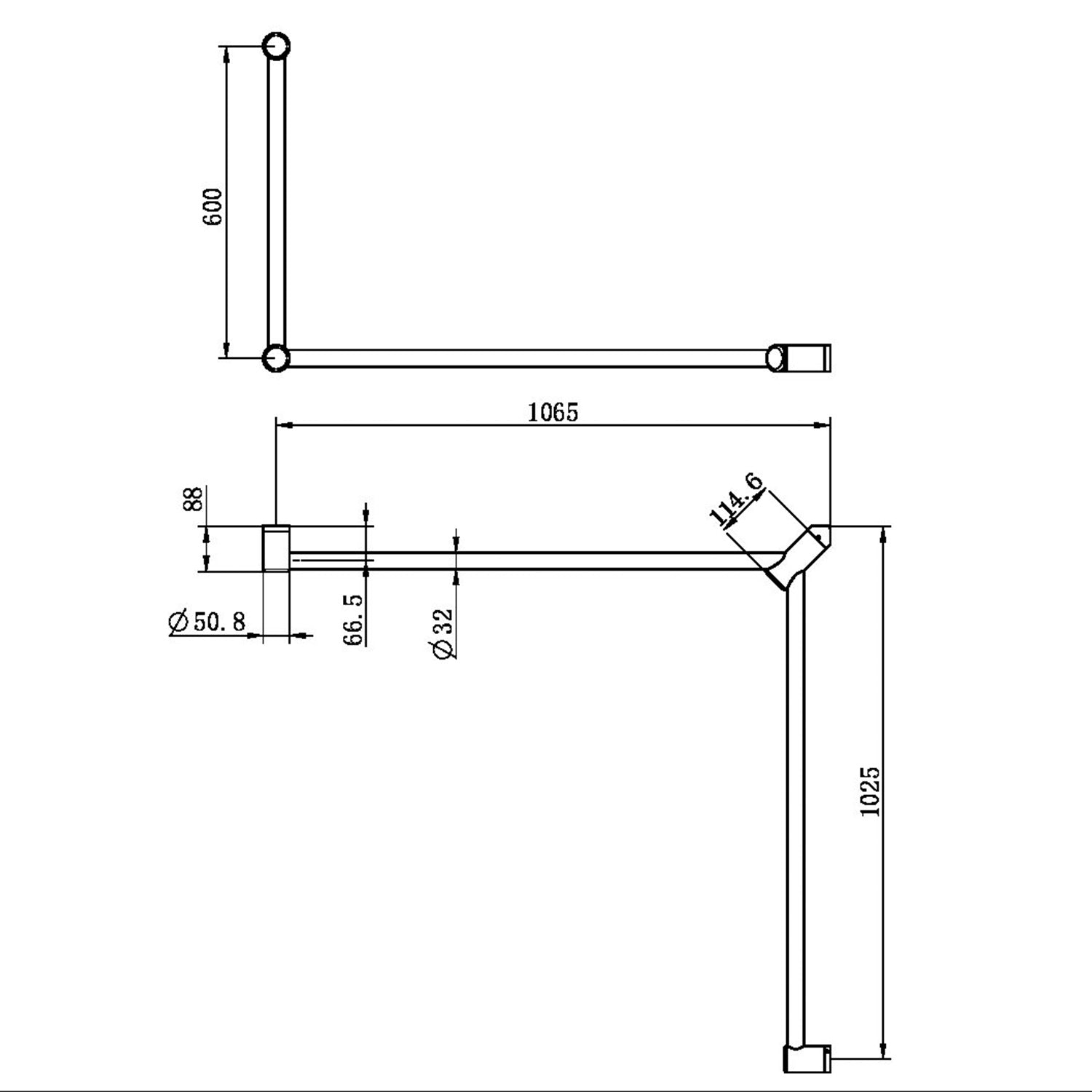 Mecca CARE 32 mm DDA WC držadlová súprava, 90° priebežné, 600 x 1065 x 1025 mm oporné madlo