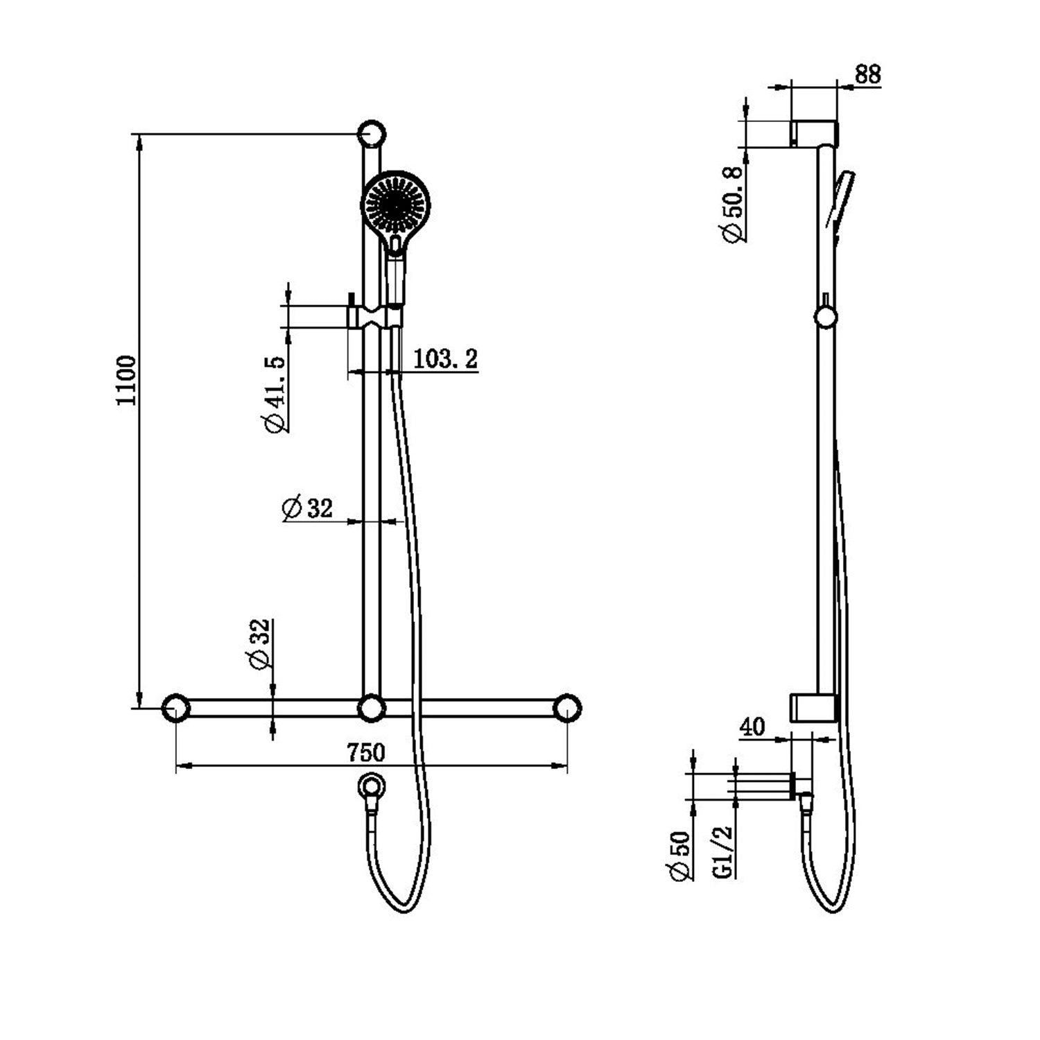 Barre de douche T Mecca CARE 32-MM avec appui et douchette de main, 1100X750MM