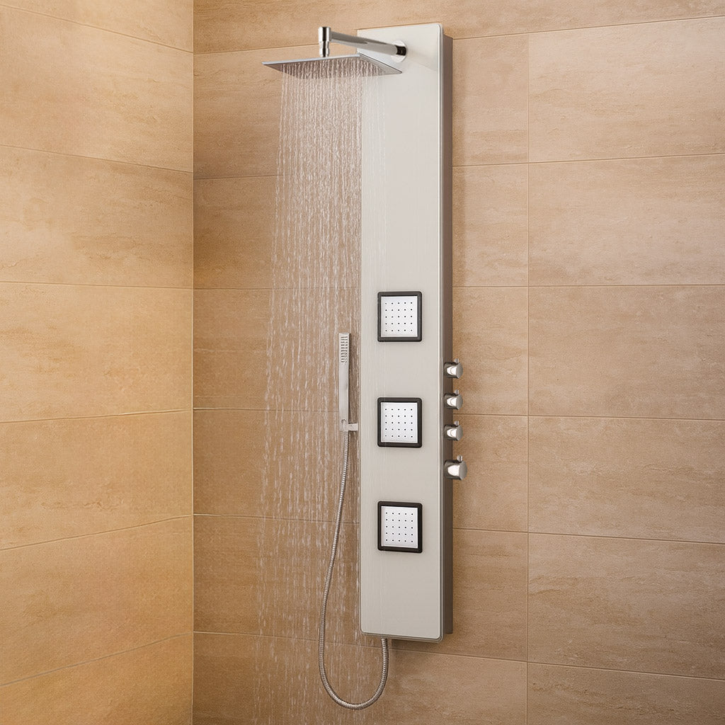 Glass shower panel with thermostat in white with XXL rain shower