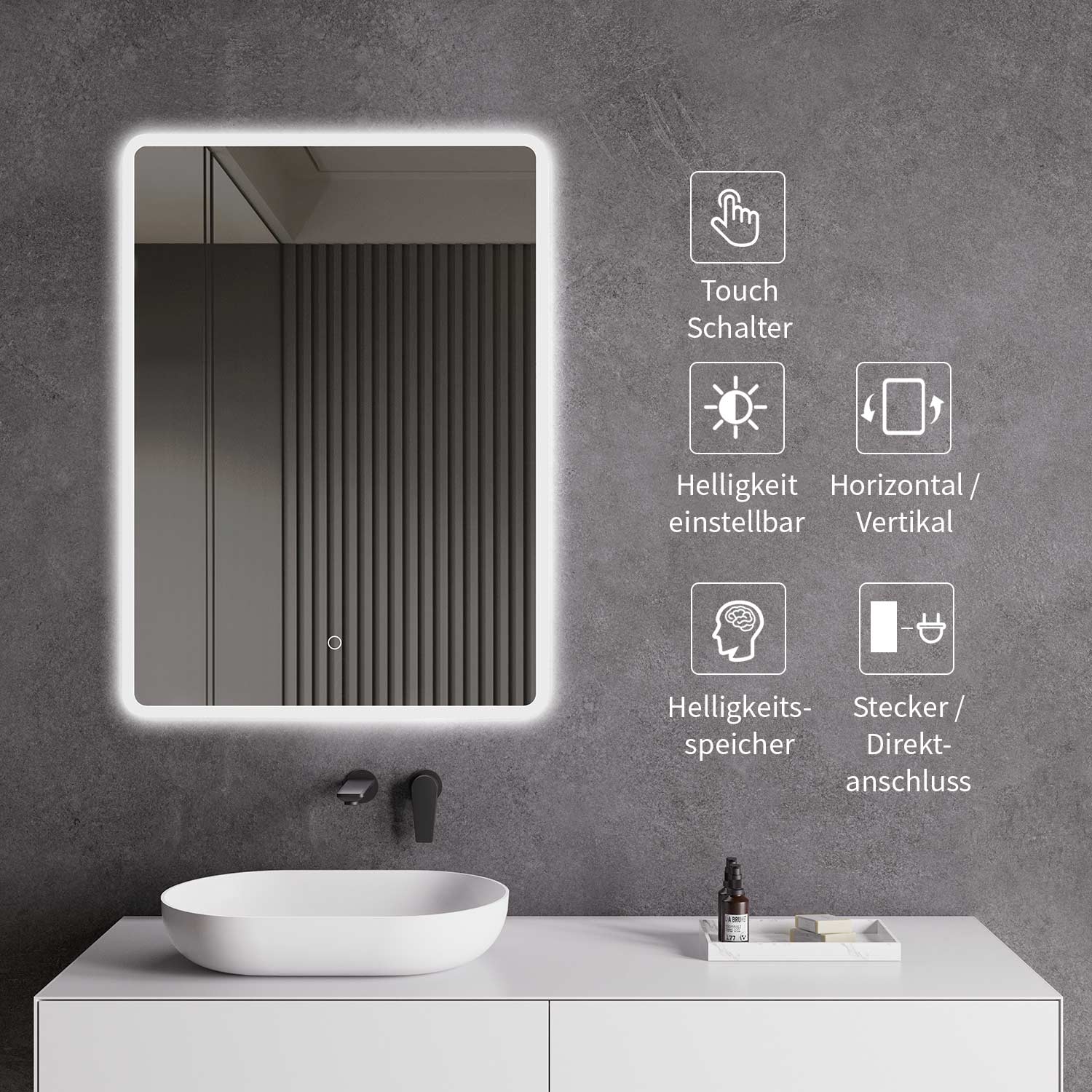 LED-Badspiegel | Vorder- & Hintergrundbeleuchtung | dimmbares Licht | Touch-Sensor & Spiegelheizung | Größe wählbar
