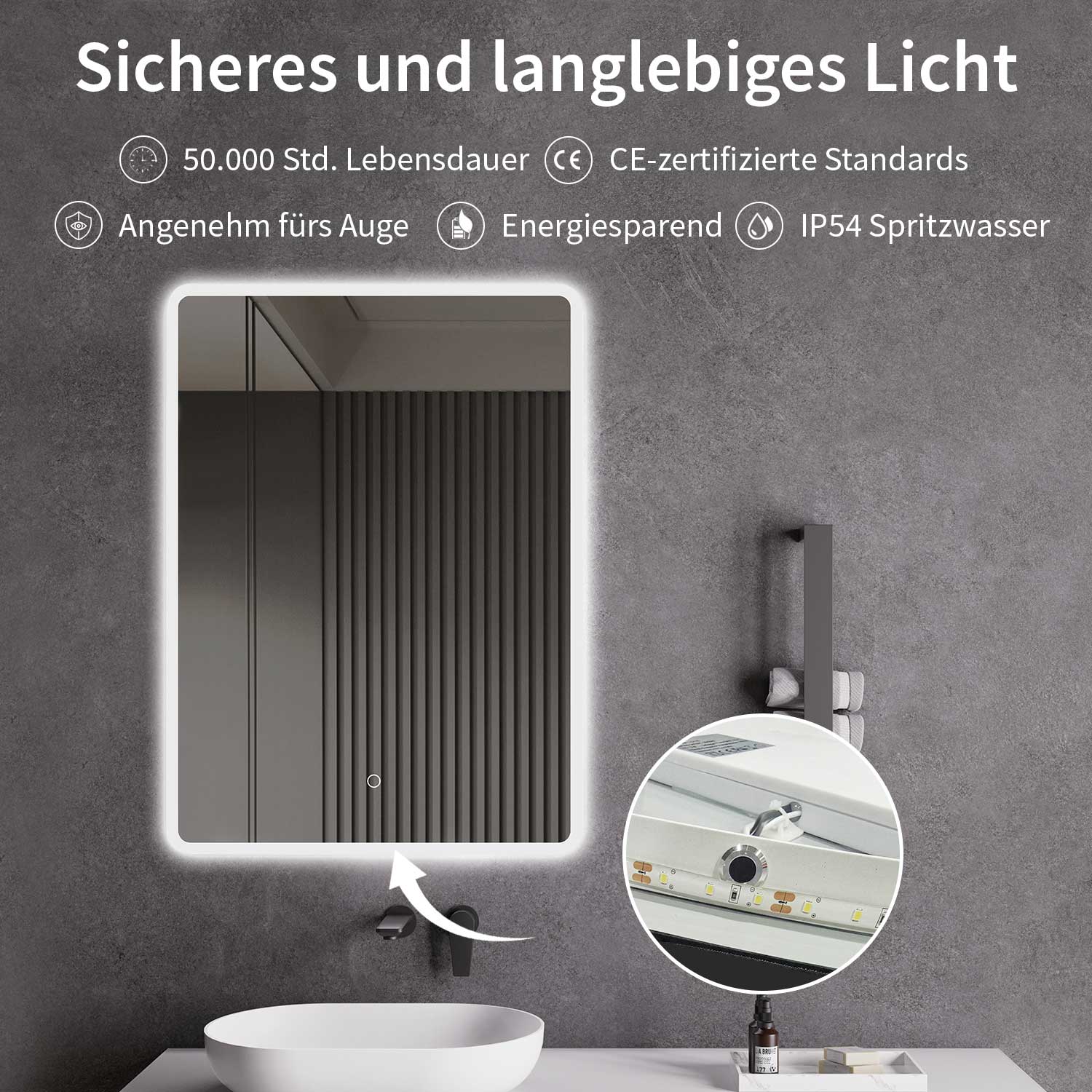 LED-Badspiegel | Vorder- & Hintergrundbeleuchtung | dimmbares Licht | Touch-Sensor & Spiegelheizung | Größe wählbar