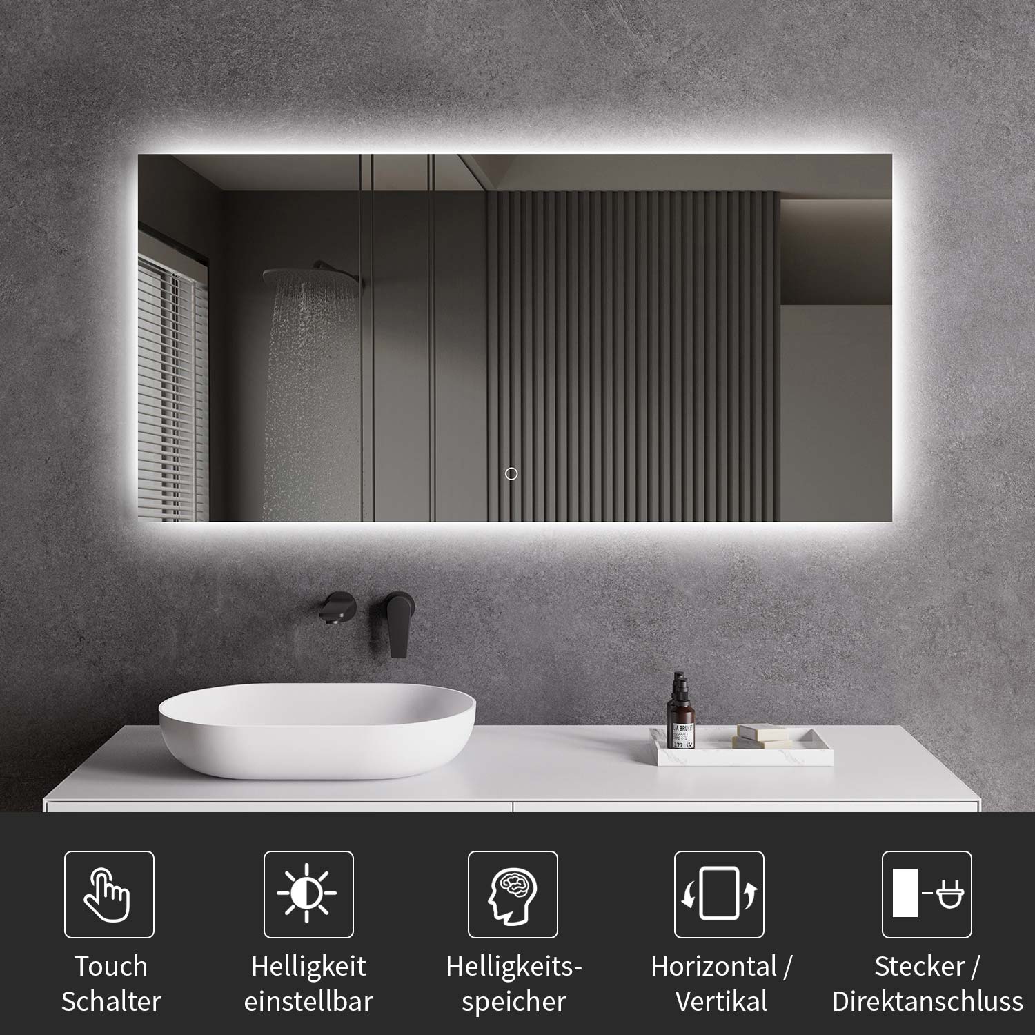 LED-Badspiegel | Hintergrundbeleuchtung | dimmbares Licht | Touch-Sensor & Spiegelheizung | Größe wählbar
